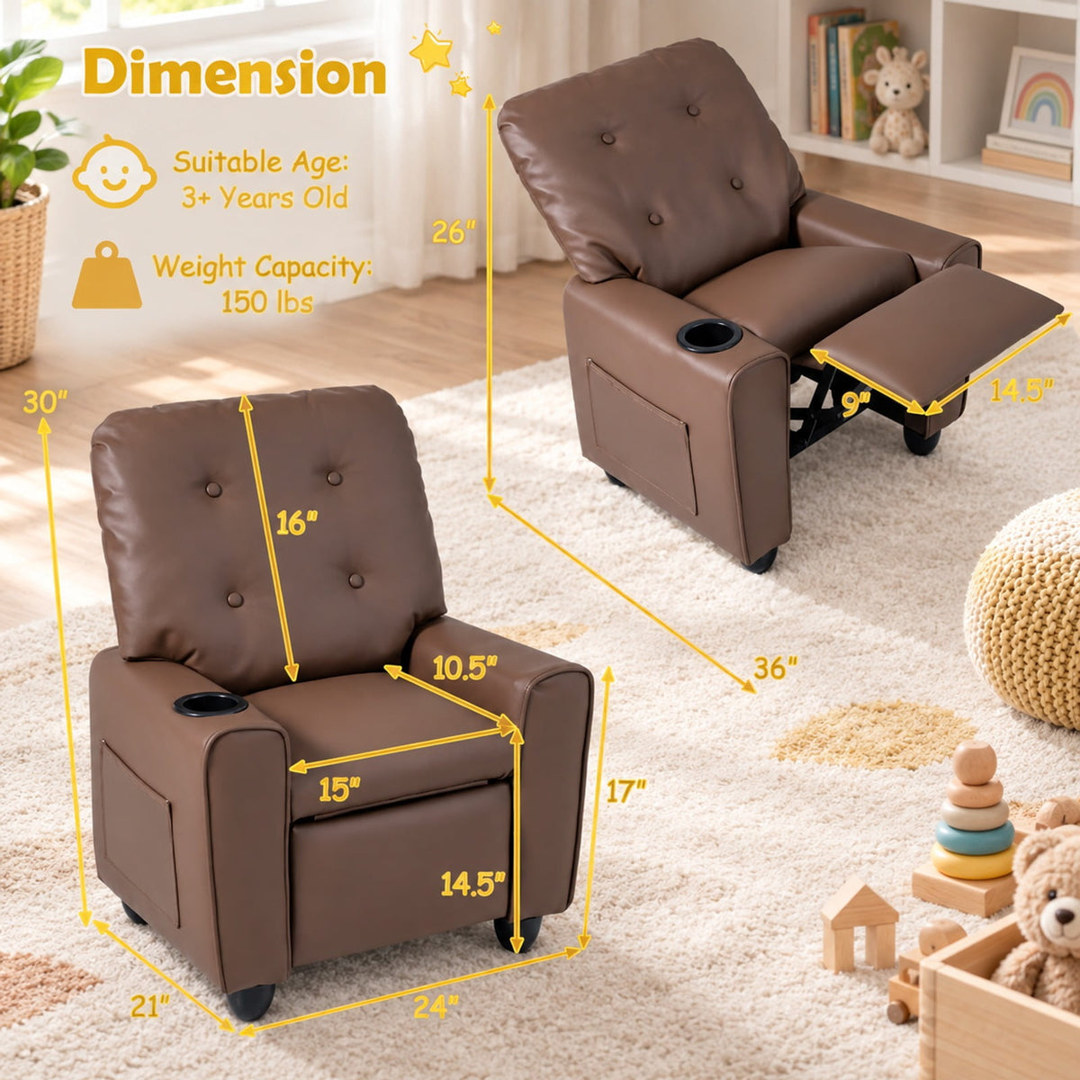 Airfind Youth Recliner Chair with Cup Holder, Side Pocket and Push-back Footrest, PU Upholstery, 24 x 21 x 30 in for Everyday Use, Brown