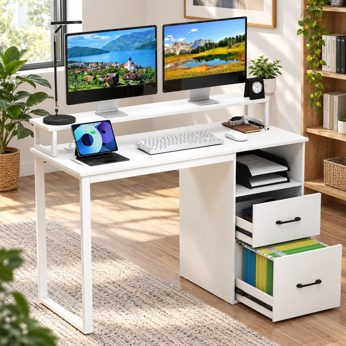 Airfind Modern Computer Desk with Power Outlets and File Drawer, 135 lbs Capacity, Engineered Wood Metal Frame, 48 Inch x 20 Inch x 35 Inch Footprint, White
