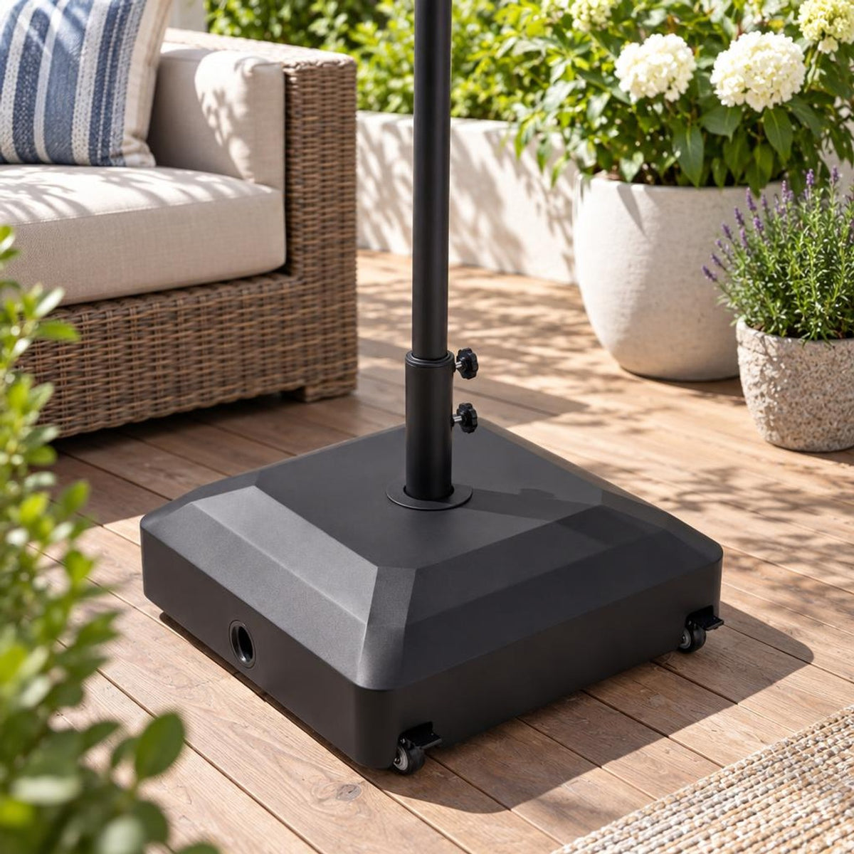 Airfind Outdoor Fillable Umbrella Base with Wheels Water Sand Weighted Umbrella Stand, PP Metal PVC Frame, 21.5 Inch x 21.5 Inch x 16 Inch Footprint, Black