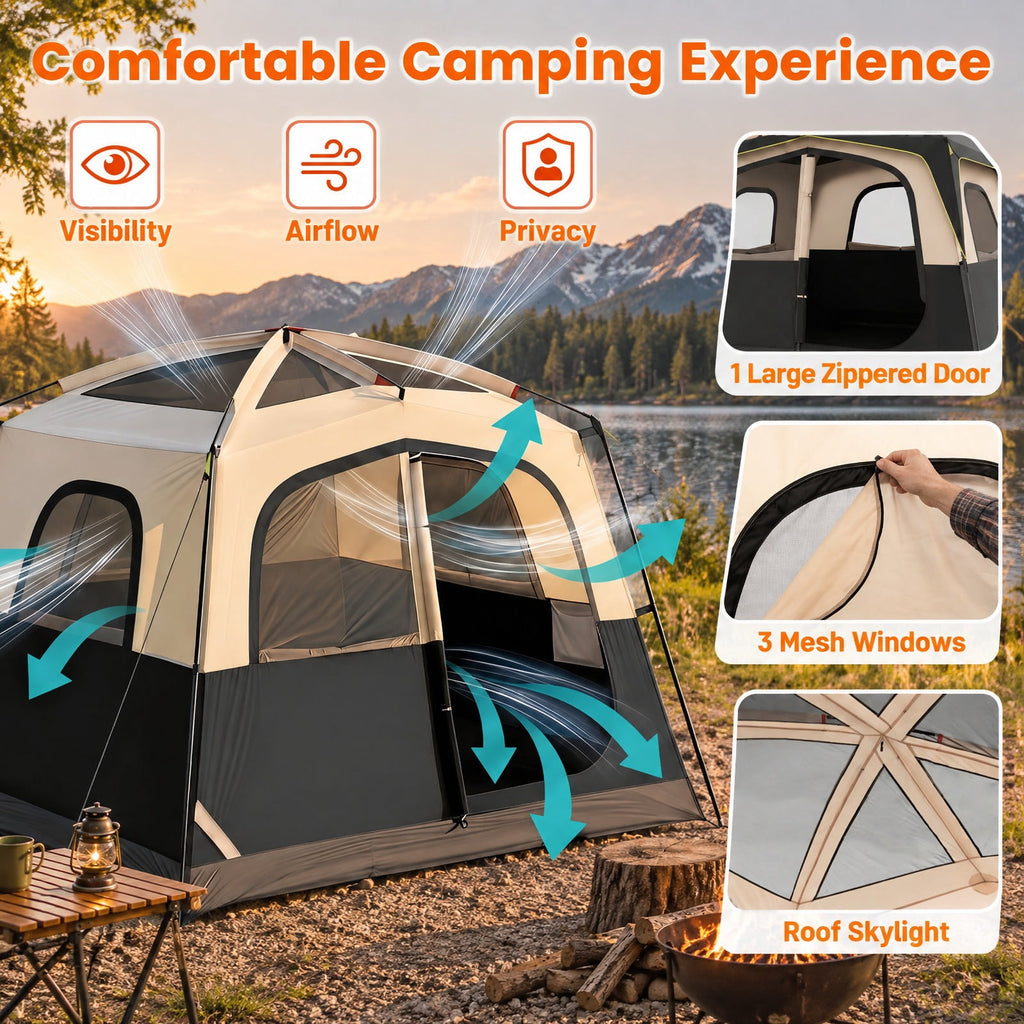 Airfind 6-Person Camping Tent Easy Setup Family Cabin Tent with Top Rainfly Mesh Windows, Fabric Fiberglass Metal Frame, 10 x 9 x 7 ft Footprint