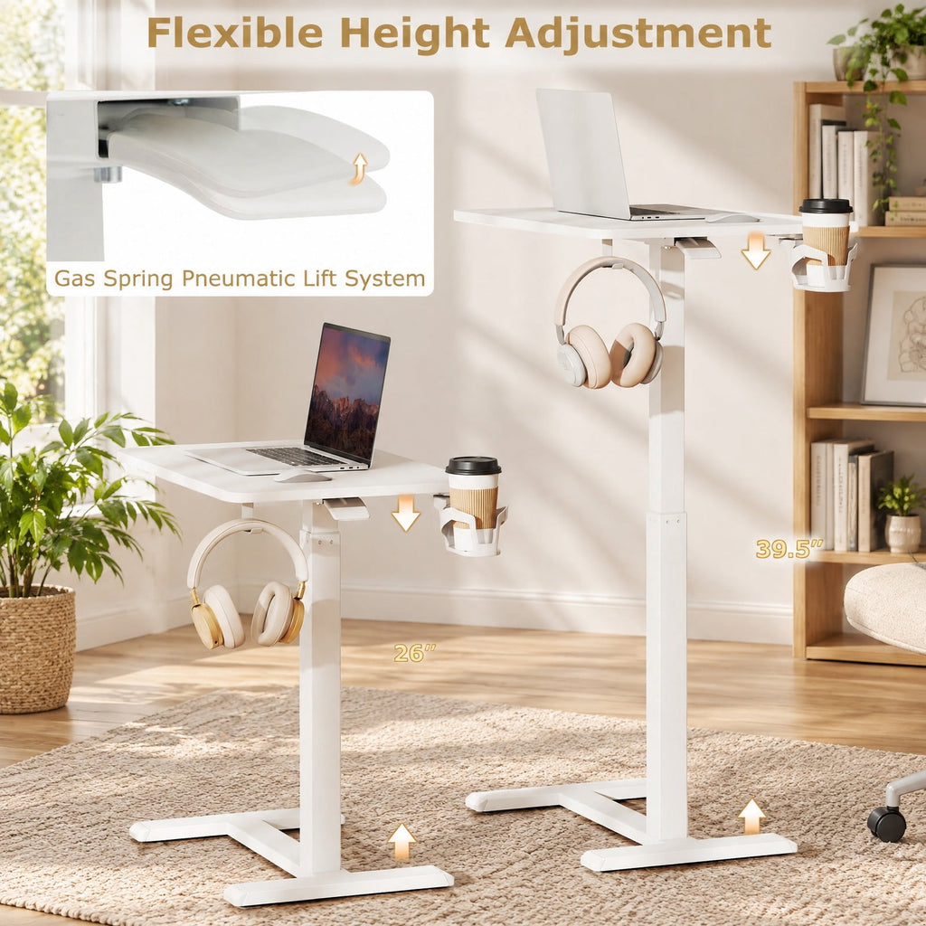 Airfind Mobile Standing Desk Height Adjustable Overbed Bedside Table with Cup Holder, 90 lbs Capacity, Engineered Wood Frame, White