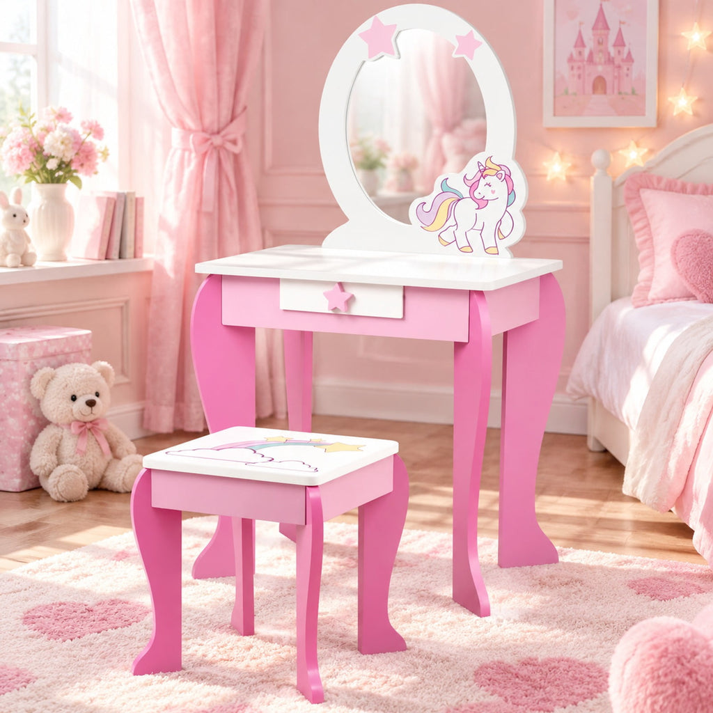 Airfind Kids Wooden Makeup Dressing Table and Chair Set with Mirror and Drawer, MDF Frame, 19 Inch x 14 Inch x 35 Inch Footprint, Pink
