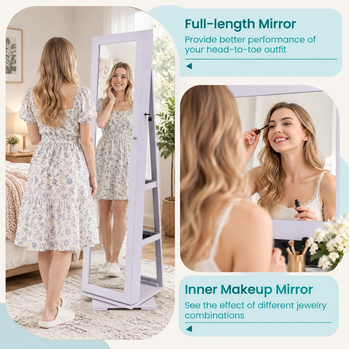 Airfind 360° Rotatable 2-in-1 Lockable Jewelry Cabinet with Full-Length Mirror, P2 MDF Frame, 15 Inch x 15 Inch x 63.5 Inch (L x W x H) External Footprint