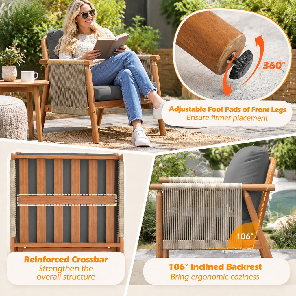 AIRFIND Acacia Wood Patio Chair, Outdoor Lounge Seat with Woven Rope Armrests and Removable Back and Seat Cushions, Gray