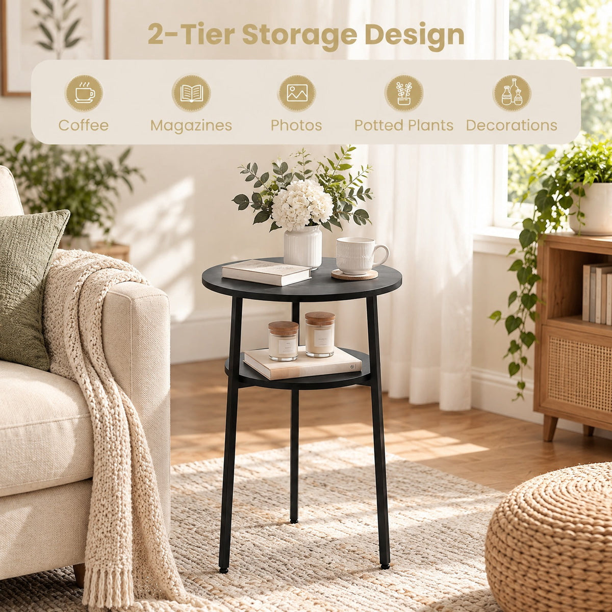 Airfind Side Table, Round, with Storage Shelf and Metal Frame for Living Room, of Tabletop 90 lbs Capacity, Engineered Wood Metal Frame, Black