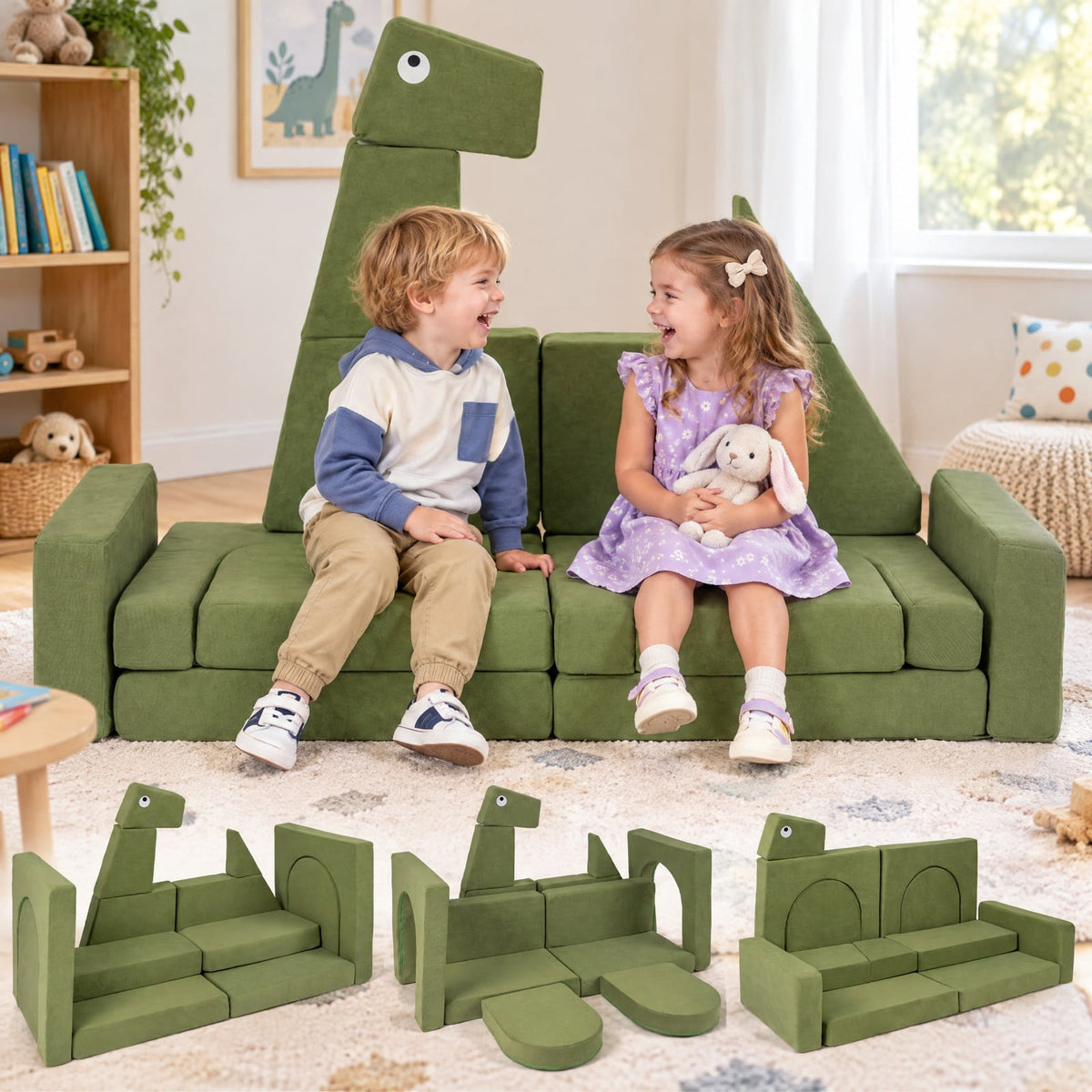 Airfind 13 Pieces Modular Youth Play Couch for Inspiring Creativity, Velvet Fabric, for 3 and Years Old, 56 Inch X 23.5 Inch X 38.5 Inch, Dinosaur, Unspecified