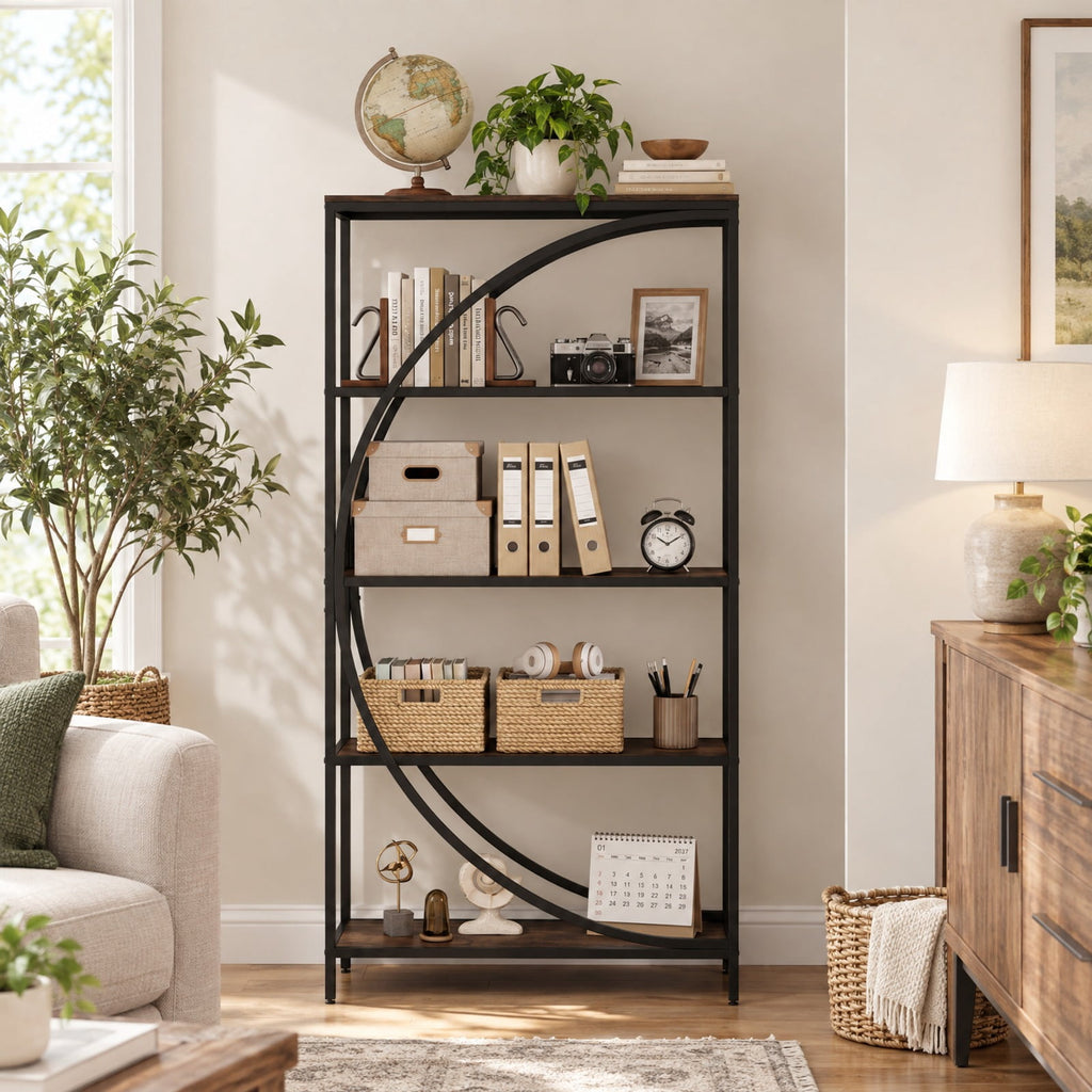 Airfind 5-Tier Bookshelf with Half-Moon Shape for Living Room and Home Office, 88 lbs Capacity, Engineered Wood Metal Frame, Brown