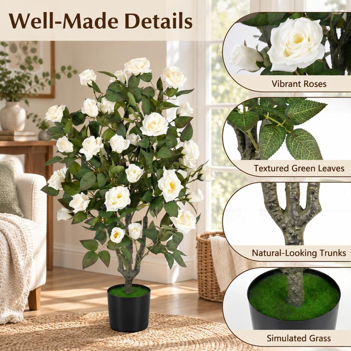 Airfind Artificial Rose Tree, 35.5 Inch, with Blooming Flowers and Leaves for Indoor, Silk Fabric Rubberized Fabric PE PP Tree Height 35.5 Inch Frame, White