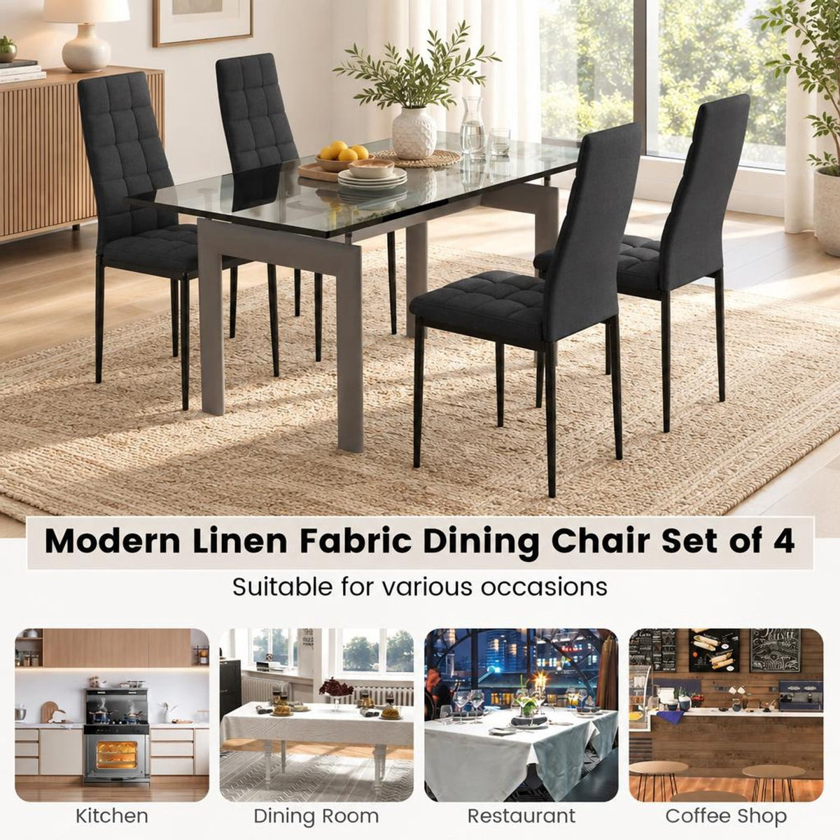 Airfind Set of 4 Fabric Dining Chairs Set with Upholstered Cushion and High Back, 330 lbs Capacity, Metal sponge fabric Frame, Black