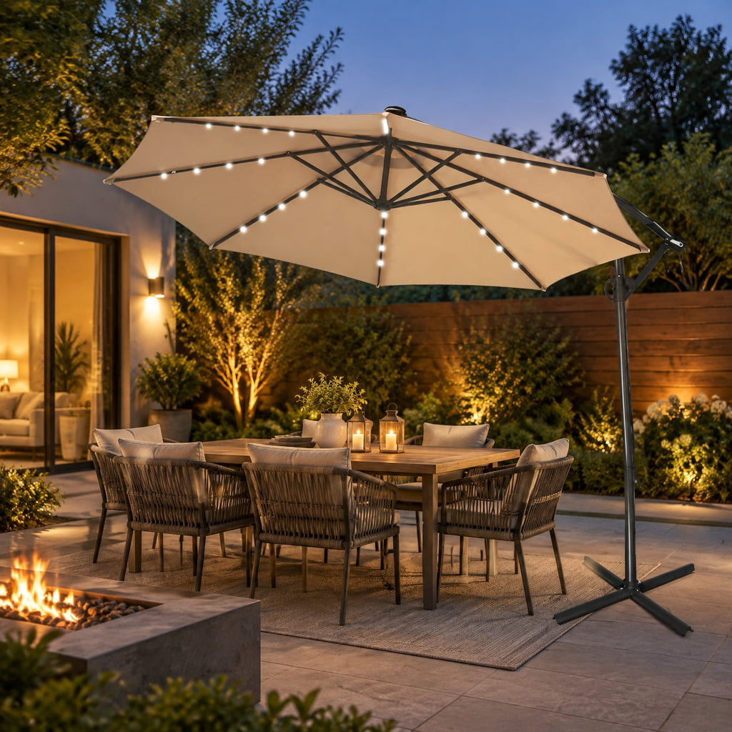Airfind 10 ft 360° Rotation Solar Powered LED Patio Offset Umbrella without Weight Base, Steel aluminum polyester fabric Frame, 10 x 7.5 Footprint