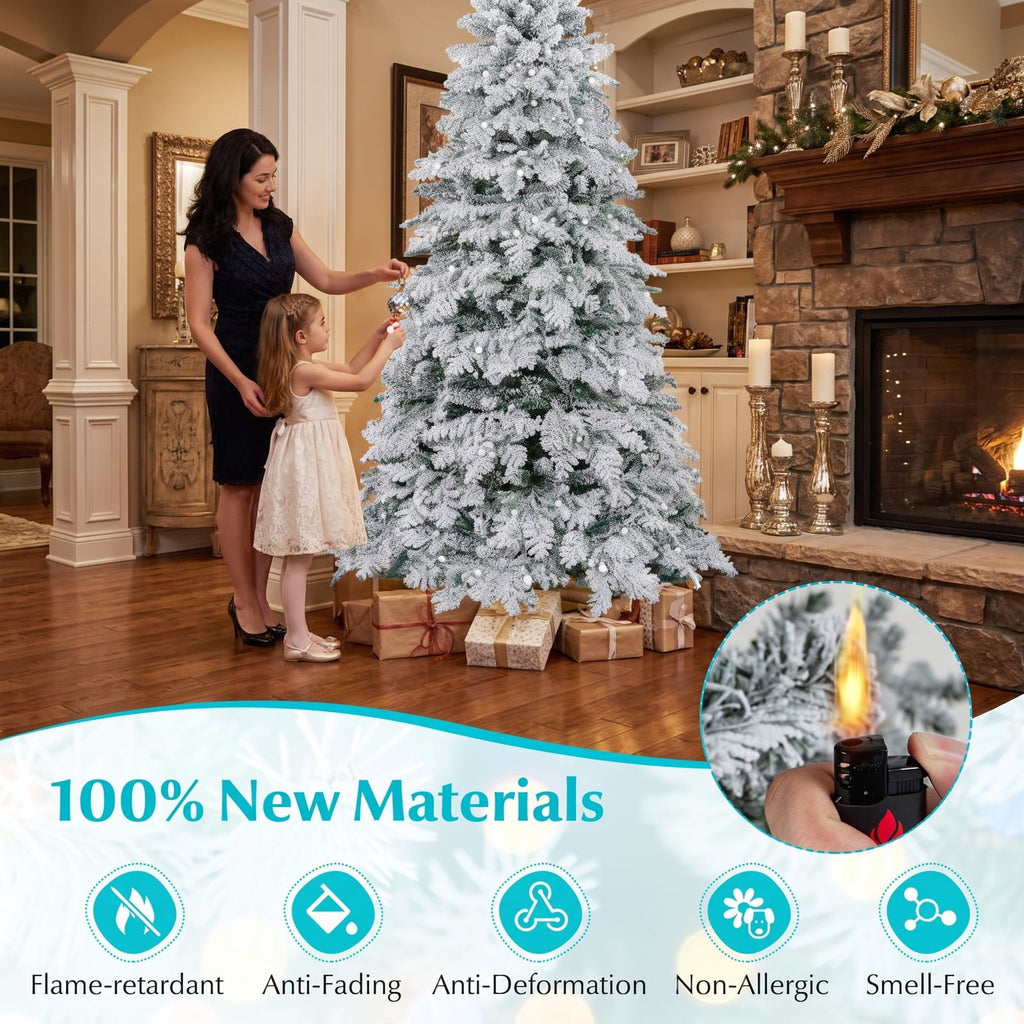 Airfind 6/7 Feet Artificial Snow-flocked Christmas Tree Pre-lit Hinged Xmas Tree with 130 Twinkle Balls-6 Feet, Green and White