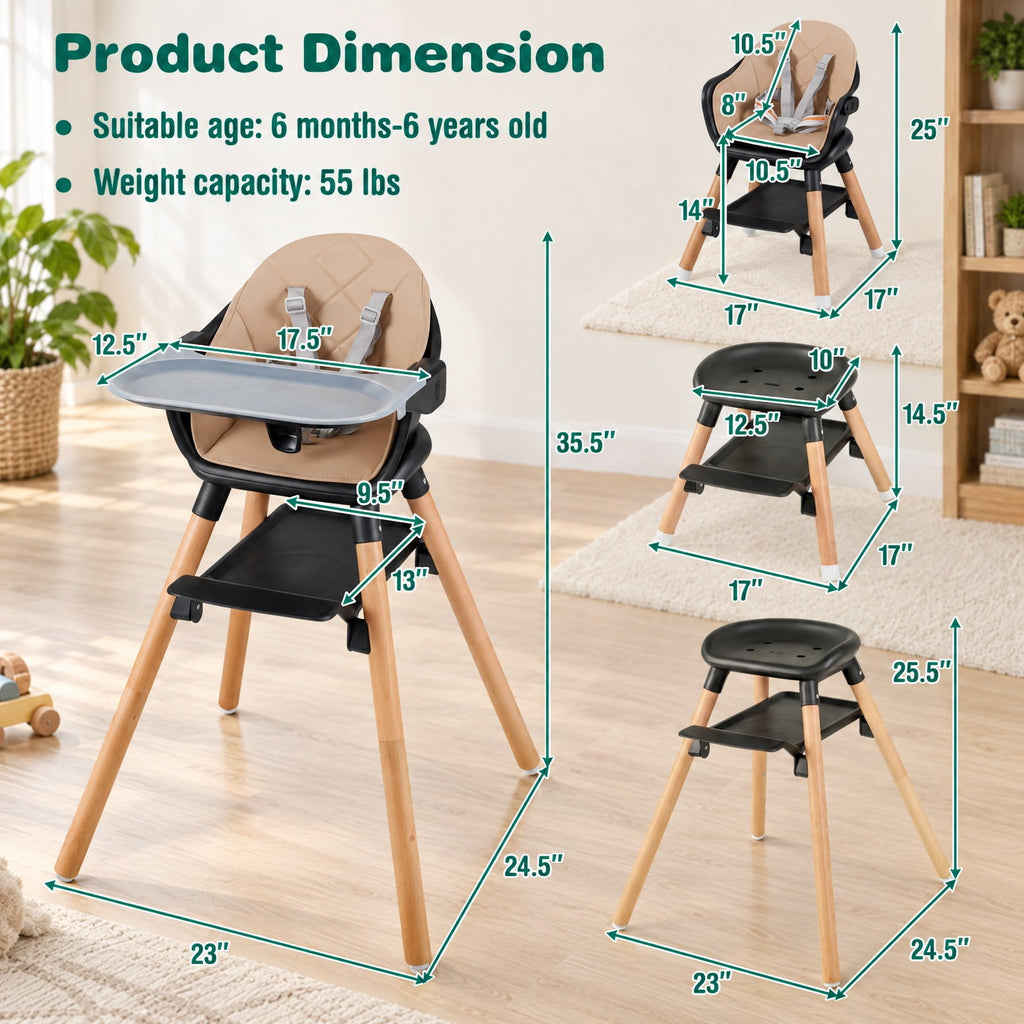 Airfind 6 in 1 Convertible Highchair with Safety Harness and Removable Tray, PP PU Beech Frame, 24.5 x 23 x 35.5 Footprint, Coffee