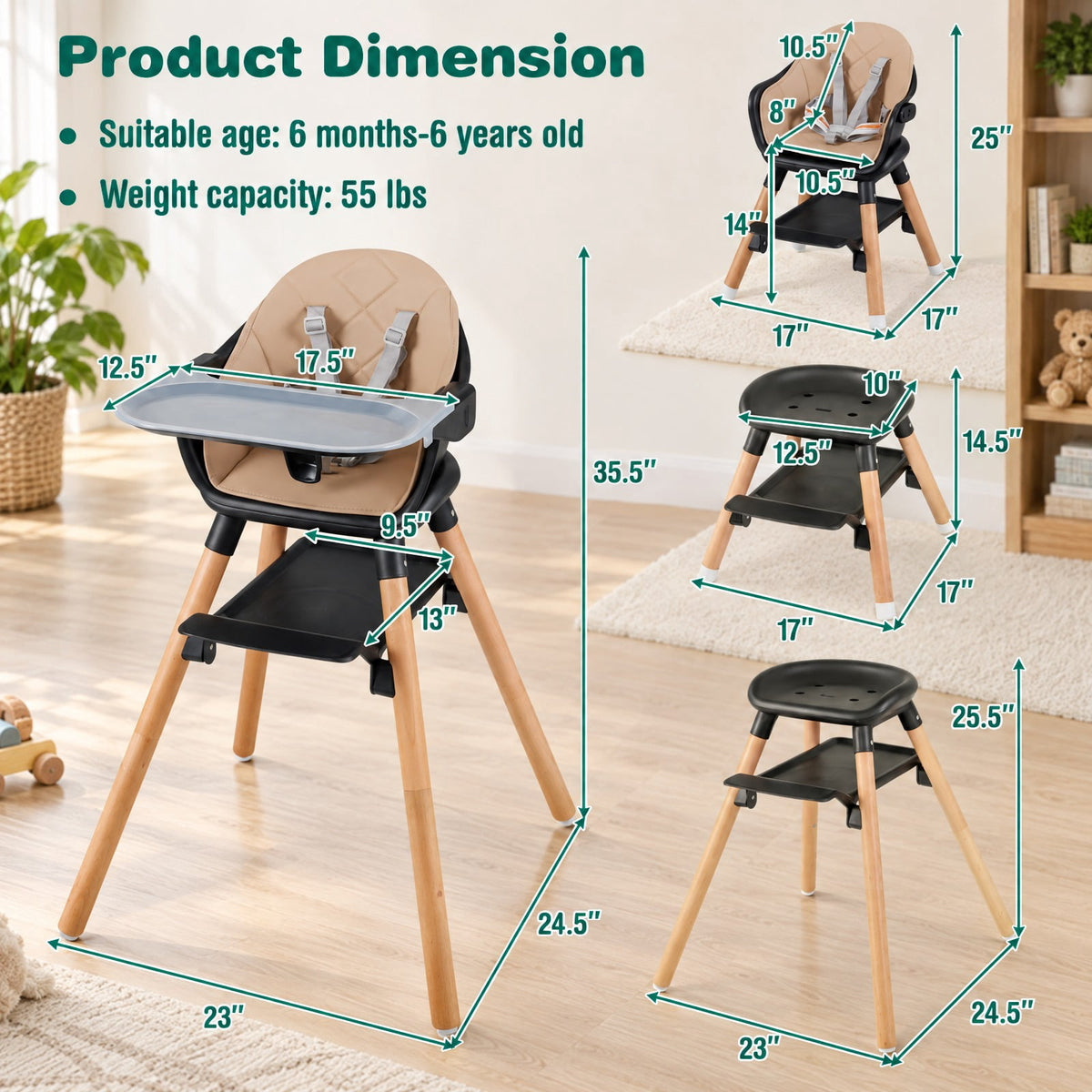 Airfind 6 in 1 Convertible Highchair with Safety Harness and Removable Tray, PP PU Beech Frame, 24.5 x 23 x 35.5 Footprint, Coffee