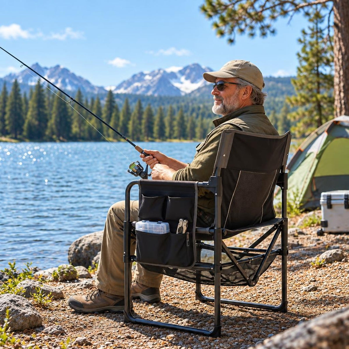 Airfind Heavy Duty Outdoor Camping Chair with Cup Holder and Side Pocket, 330 lbs Capacity, Metal Nylon Mesh PVC Fabric PP Frame, Black