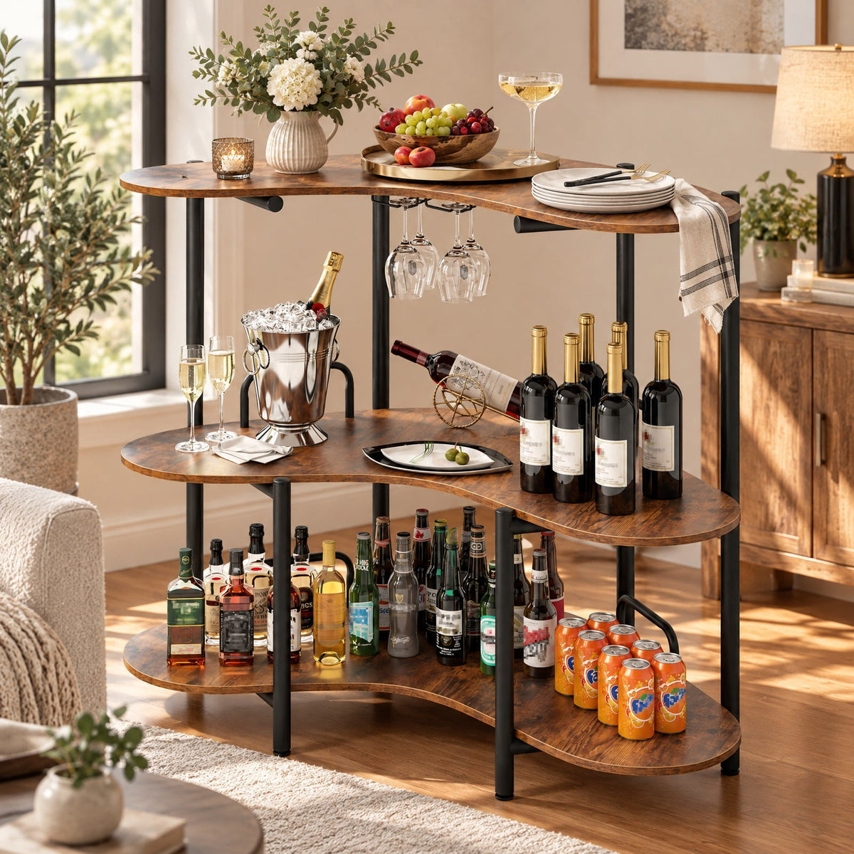 Airfind 3-Tier Liquor Bar Table with Stemware Racks and Storage Shelves, 200 lbs Capacity, Engineered Wood Metal Frame, 48 x 26 x 40 Footprint