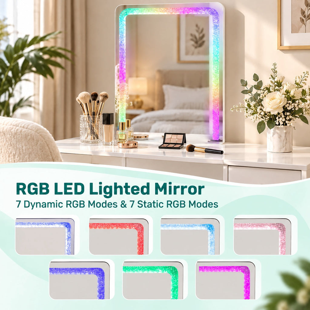 Airfind Vanity Table Set with RGB LED Lights and Wireless Charging Station, 200 lbs Capacity, P2 MDF Pine Wood Metal Frame, White