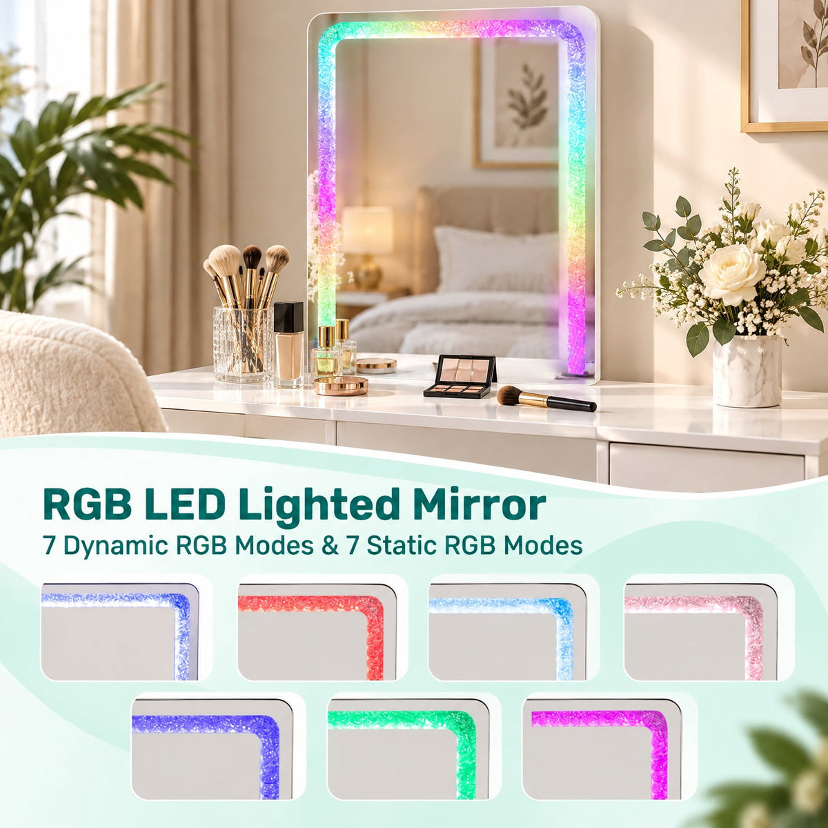 Airfind Vanity Table Set with RGB LED Lights and Wireless Charging Station, 200 lbs Capacity, P2 MDF Pine Wood Metal Frame, White