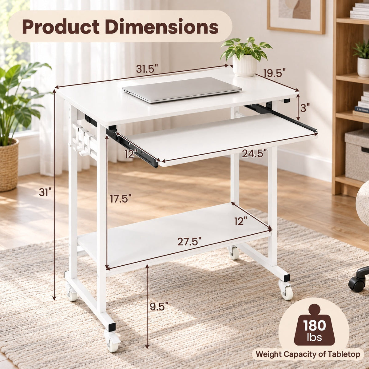 Airfind Rolling Laptop Table with Pull-out Keyboard Tray and Hooks, Engineered Wood Metal Frame, 31.5 x 19.5 x 31 Footprint, White