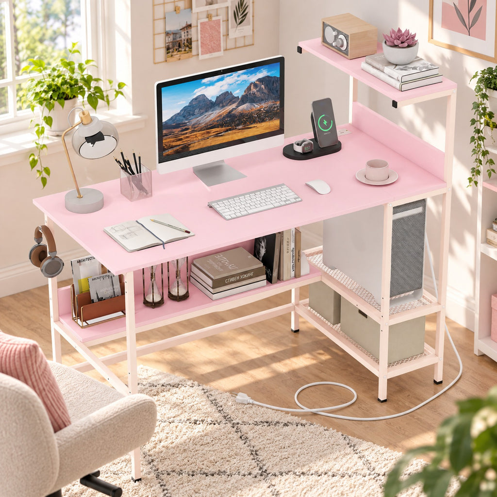 Airfind 48 Inch Computer Desk with Power Outlets and Storage Shelves, 88 lbs Capacity, Engineered Wood Metal Frame, 48 Inch x 23 Inch x 43.5 Inch Footprint