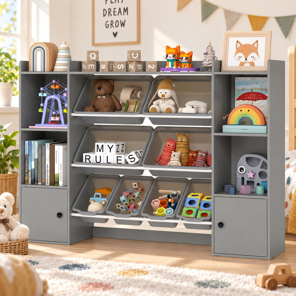 Airfind Kids Toy Storage and Bookshelf with Boxes and Open Shelves, 385 lbs Capacity, Engineered Wood Frame, for 3+ Years Old Total, Gray