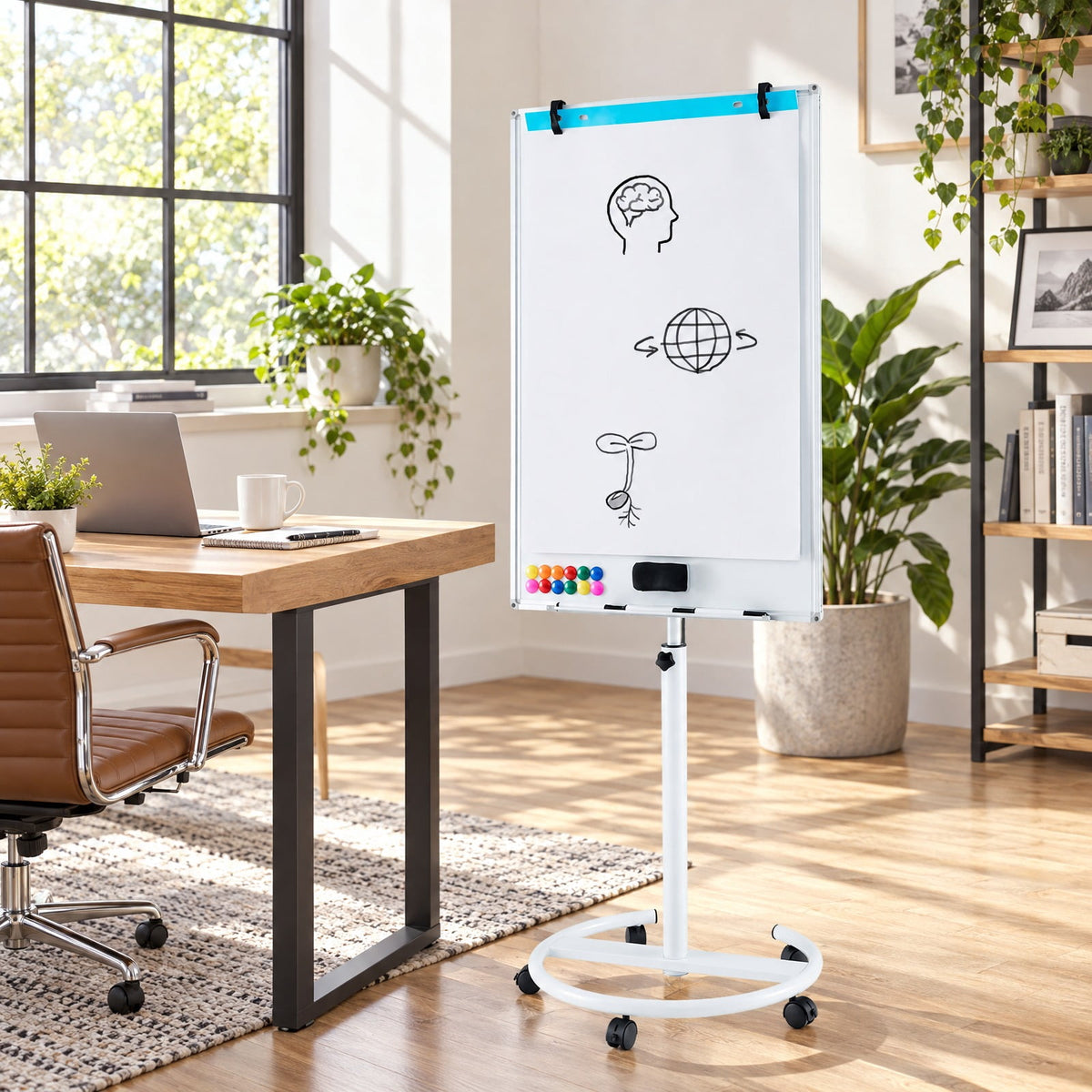 Airfind Height-Adjustable Mobile Whiteboard with Round Stand Paper Clips, Plastic Metal Frame, 26 x 24 x 52-75.5 Footprint, White