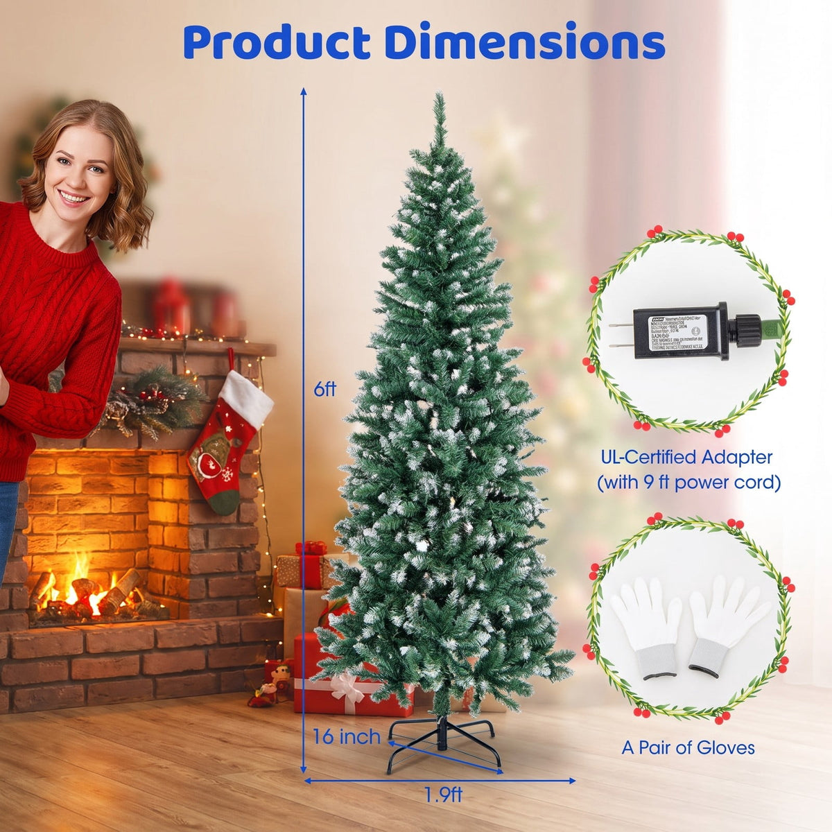 Airfind 6 Feet Pre-Lit Artificial Christmas Tree with 618 Snowy Branch Tips, PVC Metal Tree Height 150 cm Tree Width 48 cm Frame, Blue+Green