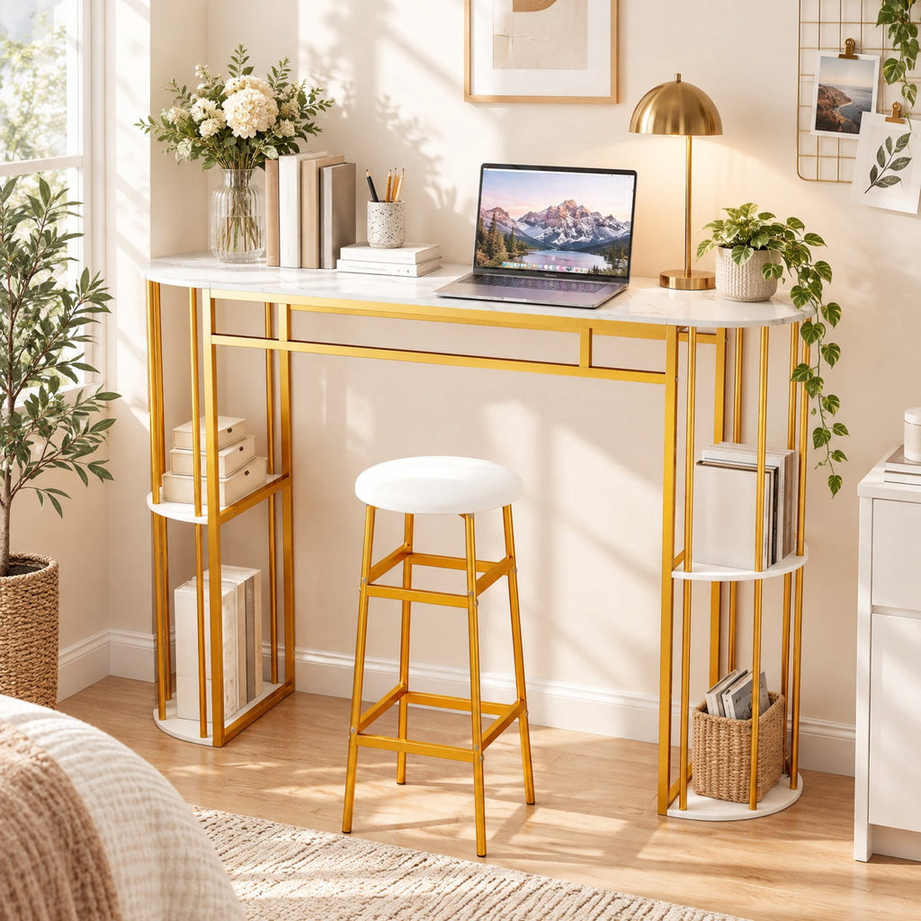 Airfind 60 Inch Long Bar Table Narrow with Faux Marble Tabletop and Storage Shelves, 135 lbs Capacity, Metal Engineered Wood Frame, White