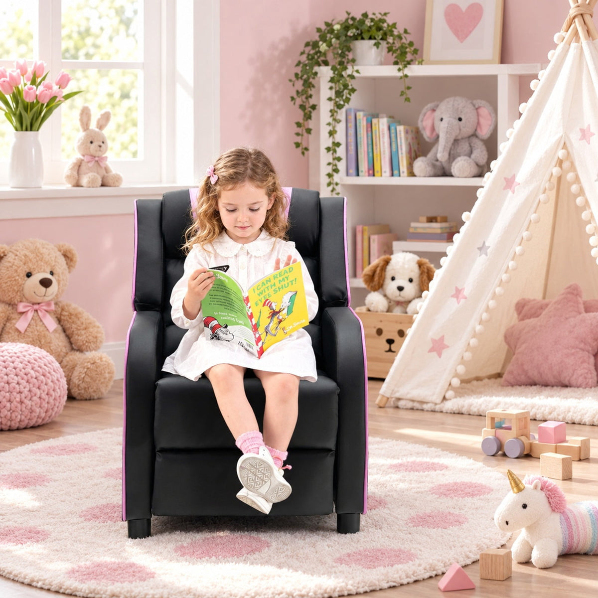 Airfind Kids Recliner Chair with Side Pockets and Footrest, 110 lbs Capacity, Sponge PU leather wood steel plastic Frame, Pink