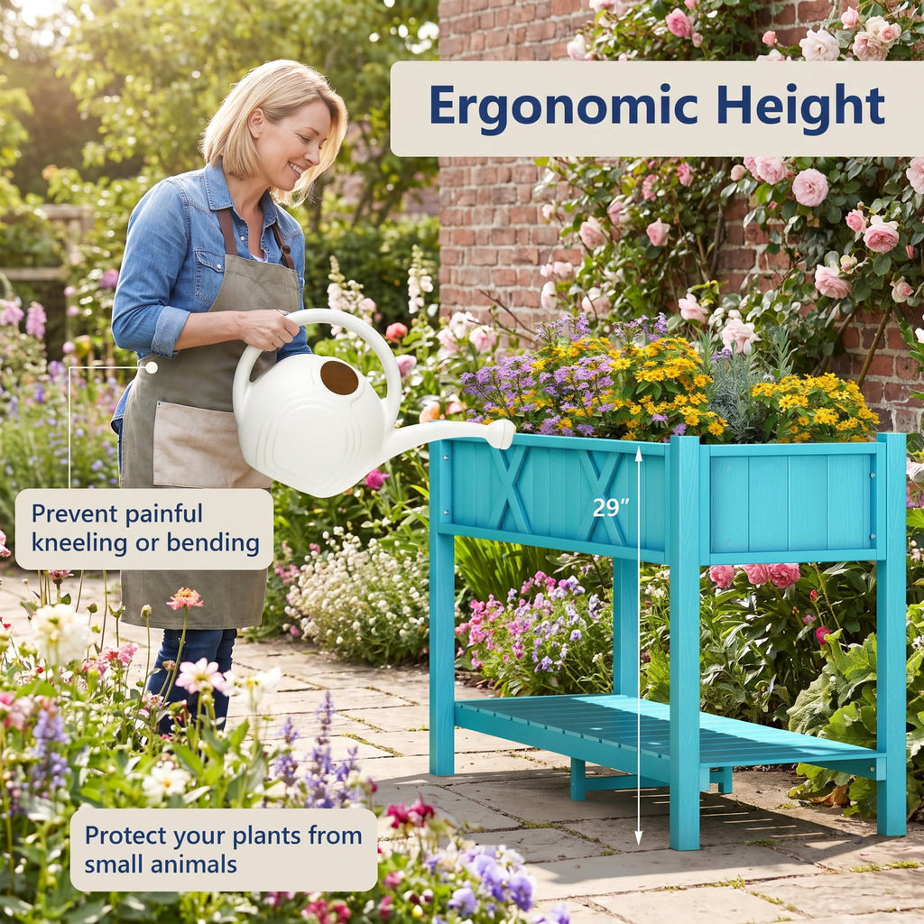 Airfind Poly Wood Elevated Planter Box with Legs Storage Shelf Drainage Holes, HIPS Frame, 47 x 18 x 29 (L x W x H) Interior Footprint, Blue