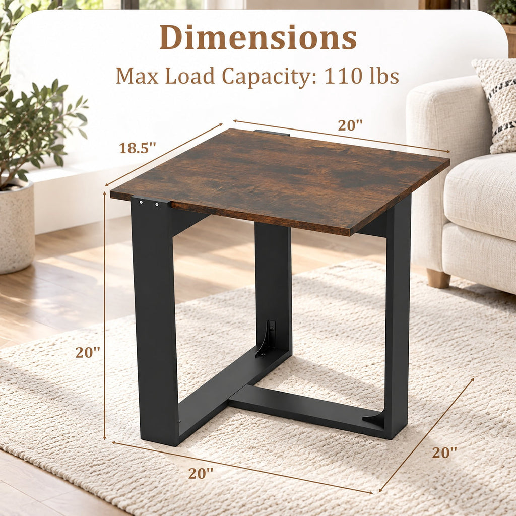Airfind Industrial Sofa End Table with Metal Frame-1, 110 lbs Capacity, Engineered Wood Metal Frame, 20 x 20 x 20 Footprint, Rustic Brown Black