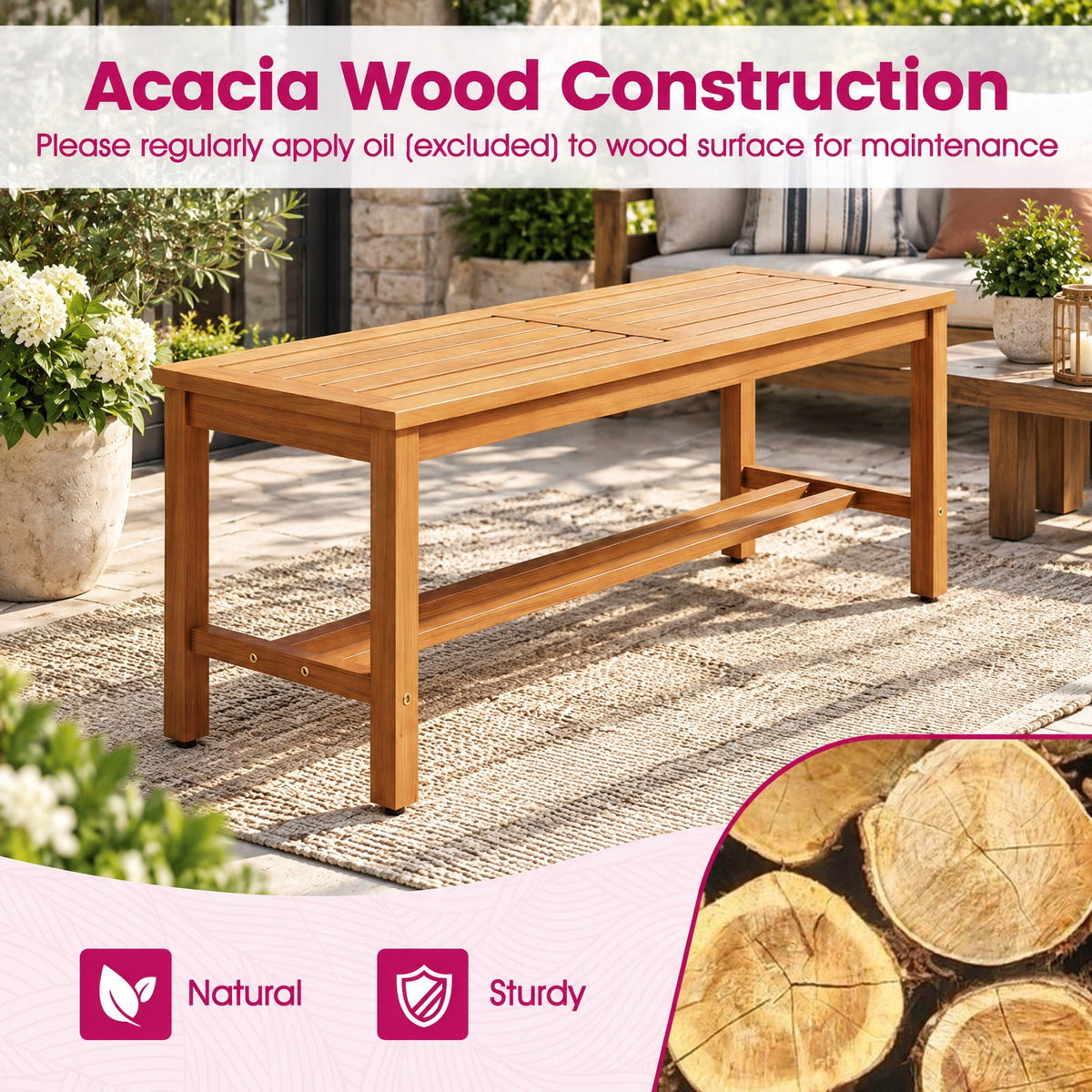 Airfind Outdoor Acacia Wood Patio Bench for 2 with Slatted Seat-1 Piece, 800 lbs Capacity, Acacia Wood Frame, 40 x 14 x 17 Footprint, Wood