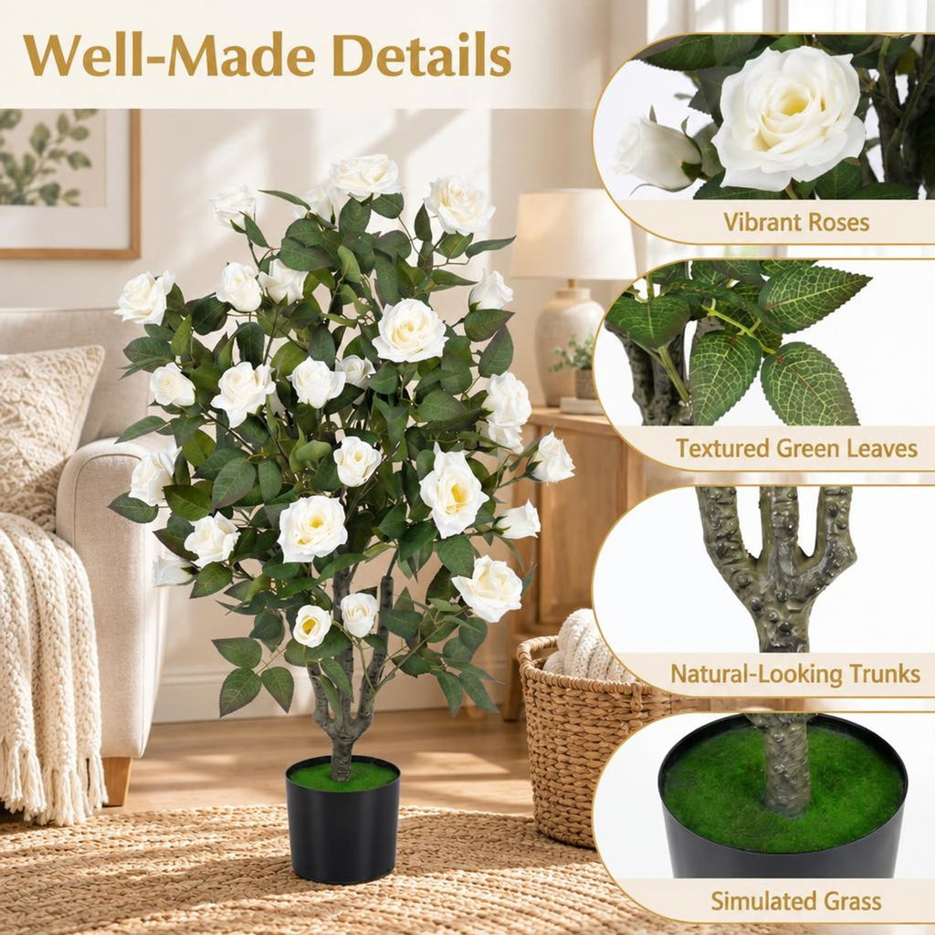Airfind Set of 2 Artificial Rose Tree with Blooming Flowers and Green Leaves for Indoor, Silk Fabric Rubberized Fabric PE PP Tree Height 35.5 Frame