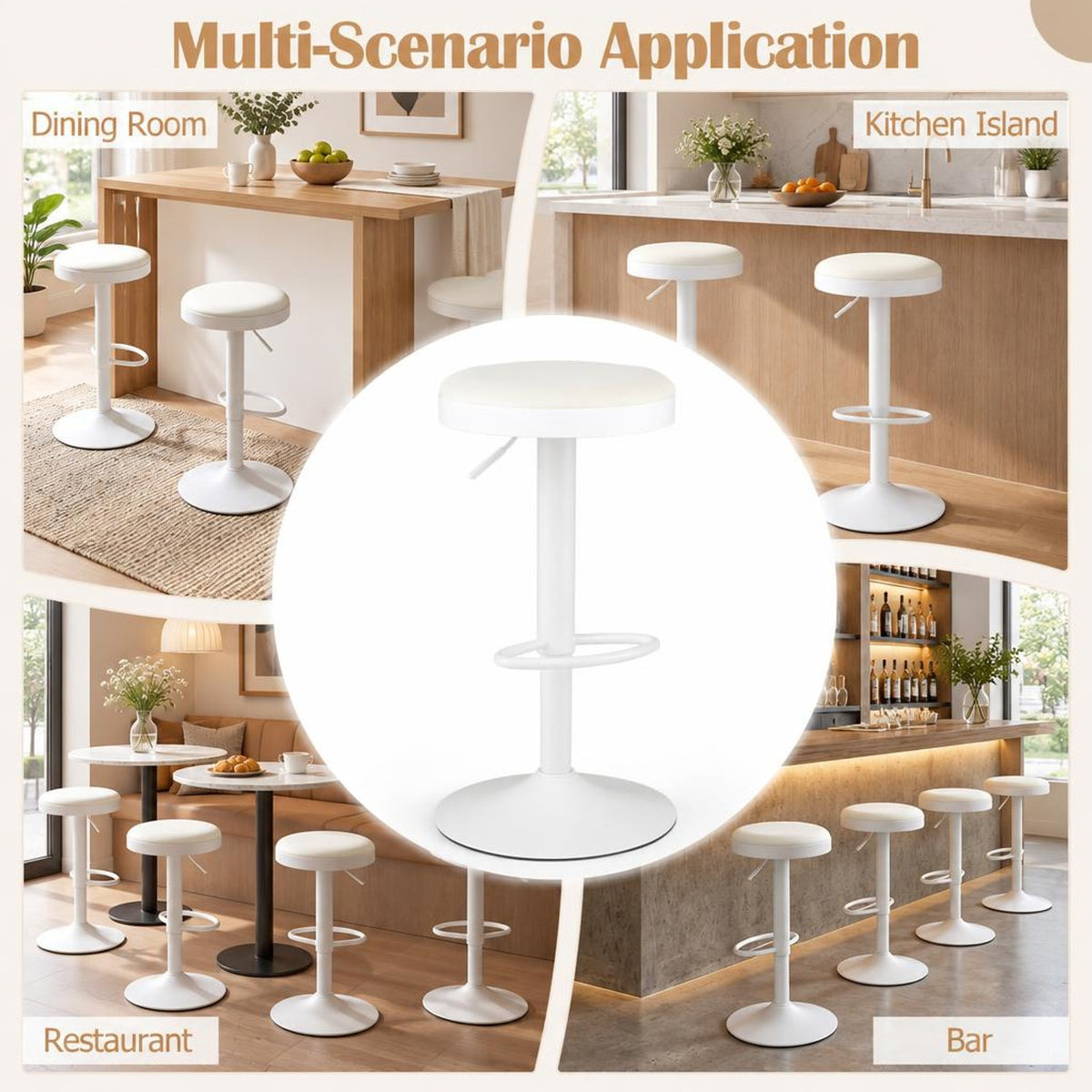 Airfind Set of 2 Kitchen Bar Stools with Height Adjustment Padded Seat and D-Shaped Footrest, 330 lbs Capacity, Metal Sponge Fabric Frame, White