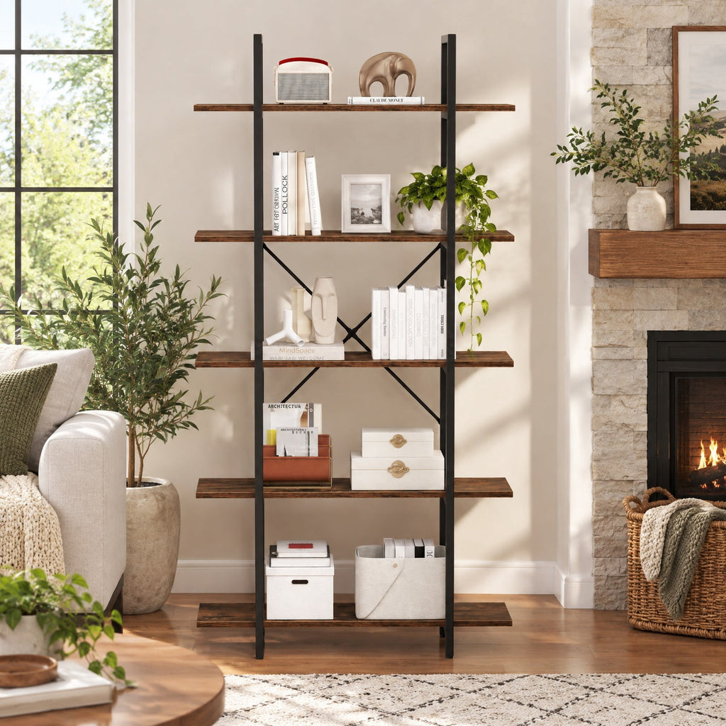Airfind 5-Tier 62 Inch Tall Vintage Industrial Bookcase with Open Storage Shelves, 220 lbs Capacity, Engineered Wood Metal Frame, Brown