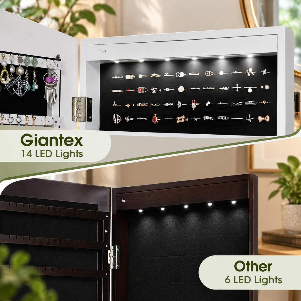 Airfind 14 LED Jewelry Armoire Cabinet with Full Length Mirror and 4 Tilting Angles, MDF board Frame, 18 x 14.5 x 63 Footprint, White