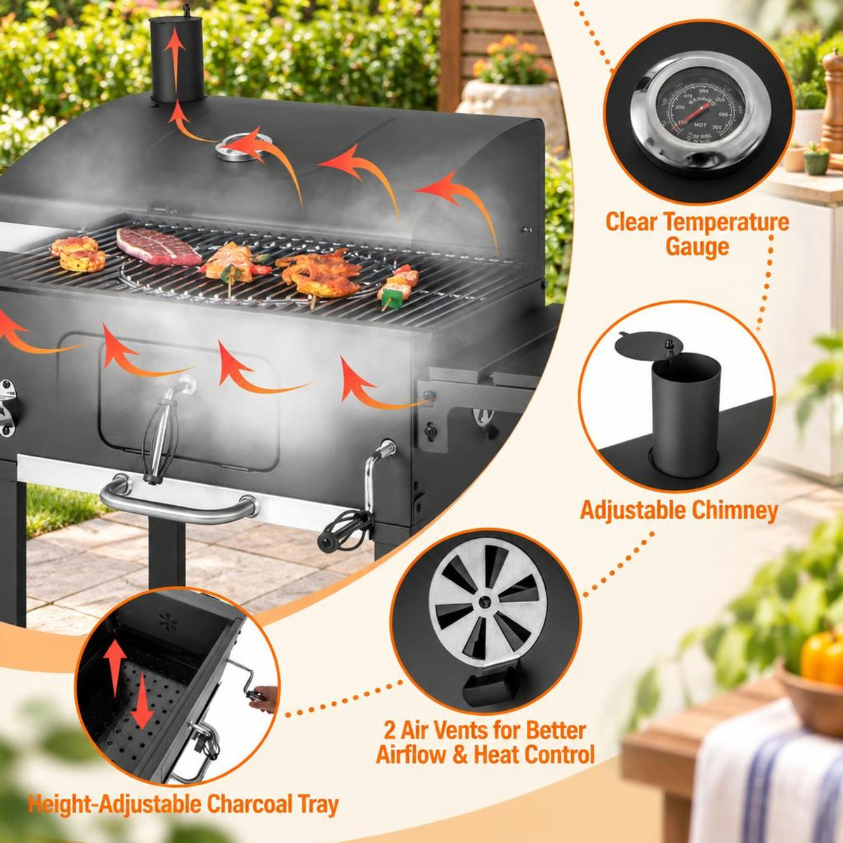 Airfind Outdoor BBQ Charcoal Grill with 2 Foldable Side Table and Wheels, Steel PP Frame, 50.5 Inch x 21 Inch x 46 Inch Footprint, Black