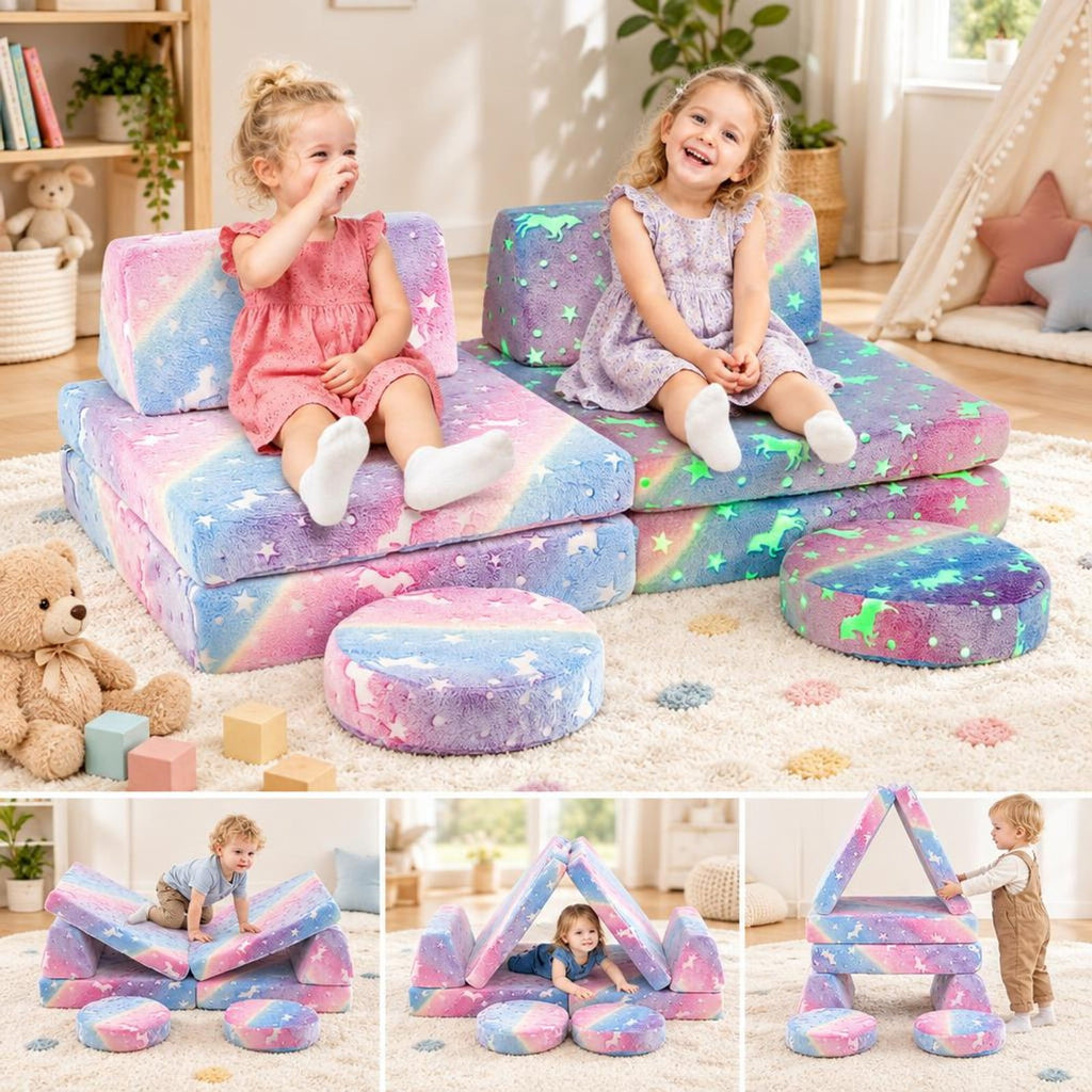 Airfind Play Couch Set, Modular Youth, Glow in the Dark with Portable Handles, Flannel Fabric Sponge Frame, for 3+ Years Old, Natural