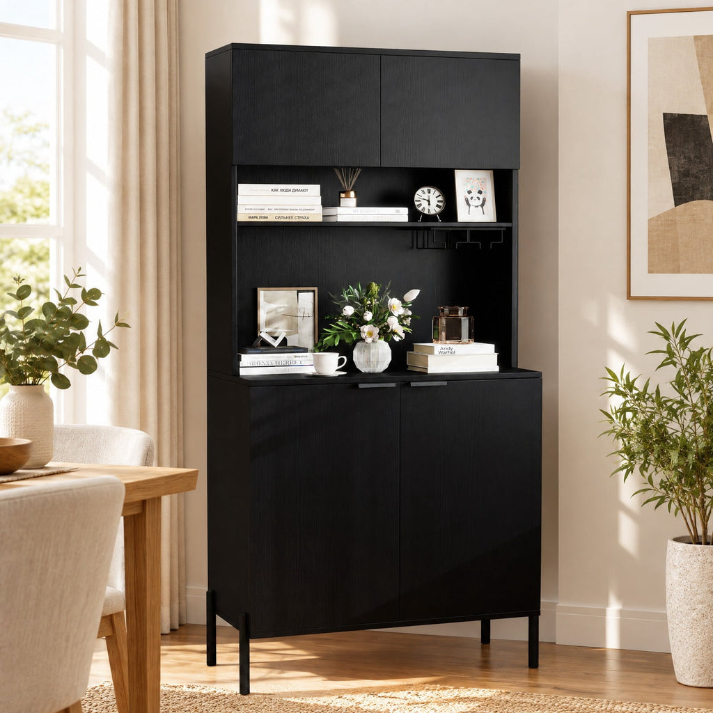 Airfind 64.5 Inches Tall Kitchen Pantry Cabinet with Charging Station and Wine Glass Rack, 90 lbs Capacity, Engineered Wood MDF Metal Frame, Black