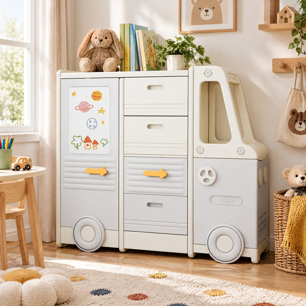 Airfind Kids Toy Storage Organizer Bus-shaped Children Cabinet with 4 Pull-out Drawers with Handles, 180 lbs Capacity, HDPE PP Frame, Grey