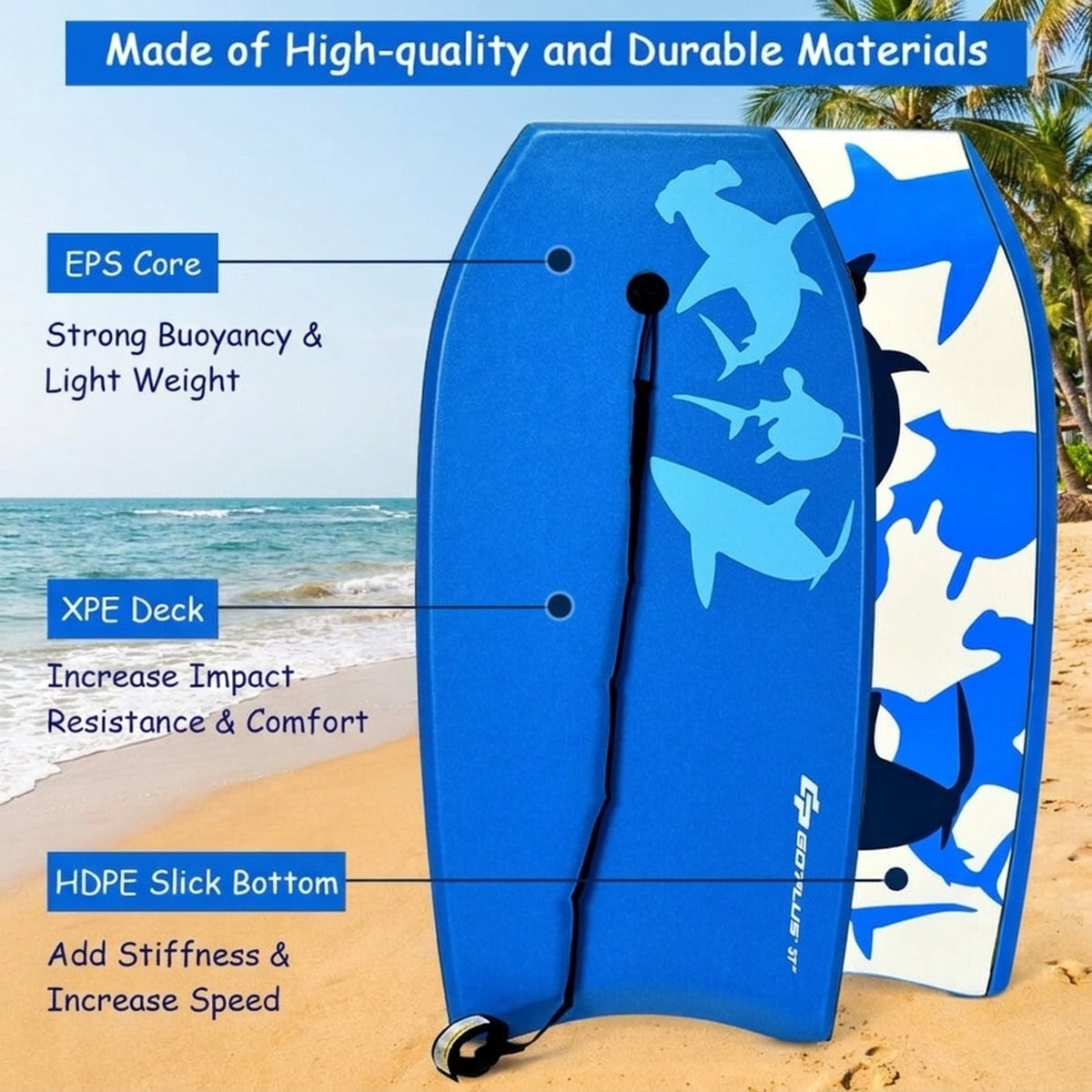 Airfind 37 Inch Lightweight Surf Bodyboard for Teens ¡ª XPE Deck, EPS Core, HDPE Slick Bottom, Crescent Tail, Coiled Wrist Leash (Blue)