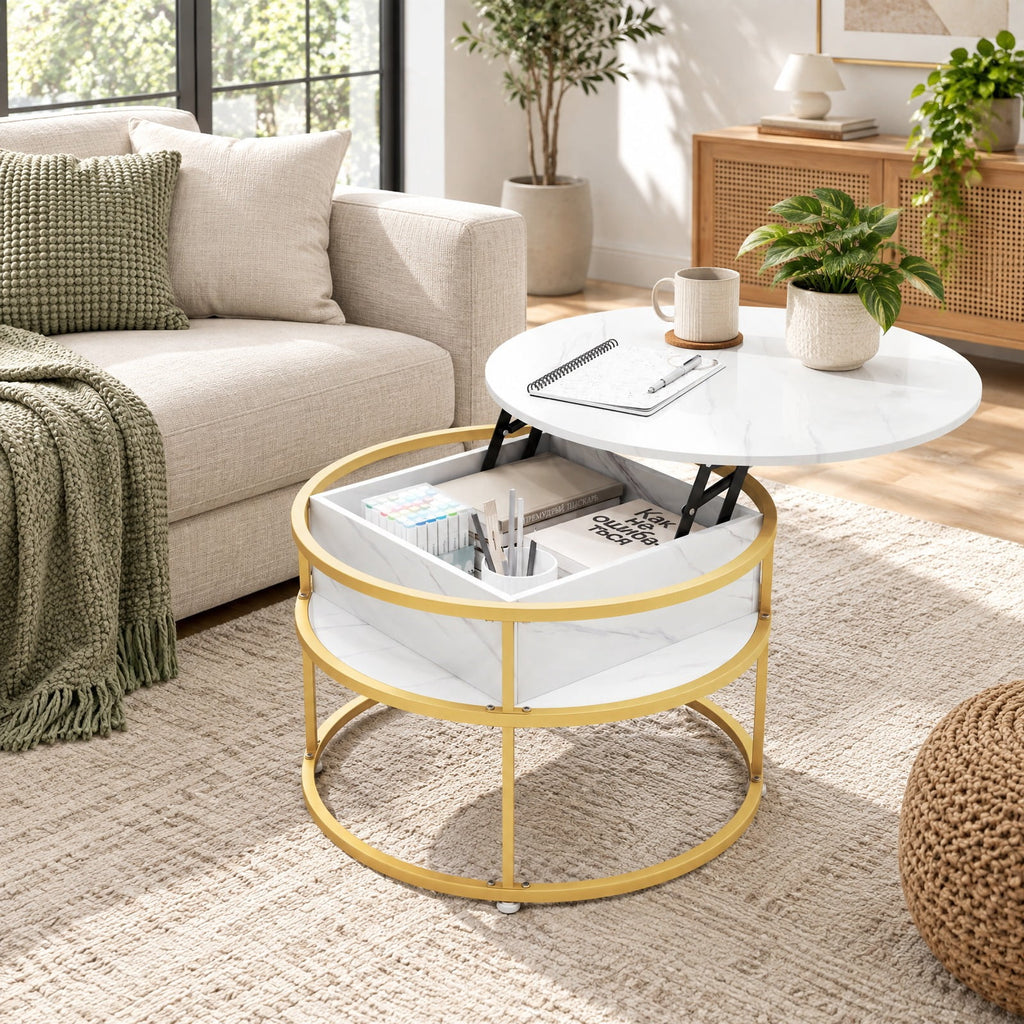 Airfind 31.5 Inch Round Lift Top Coffee Table with Hidden Compartment and Side Shelves, 110 lbs Capacity, Engineered Wood Metal Frame, White