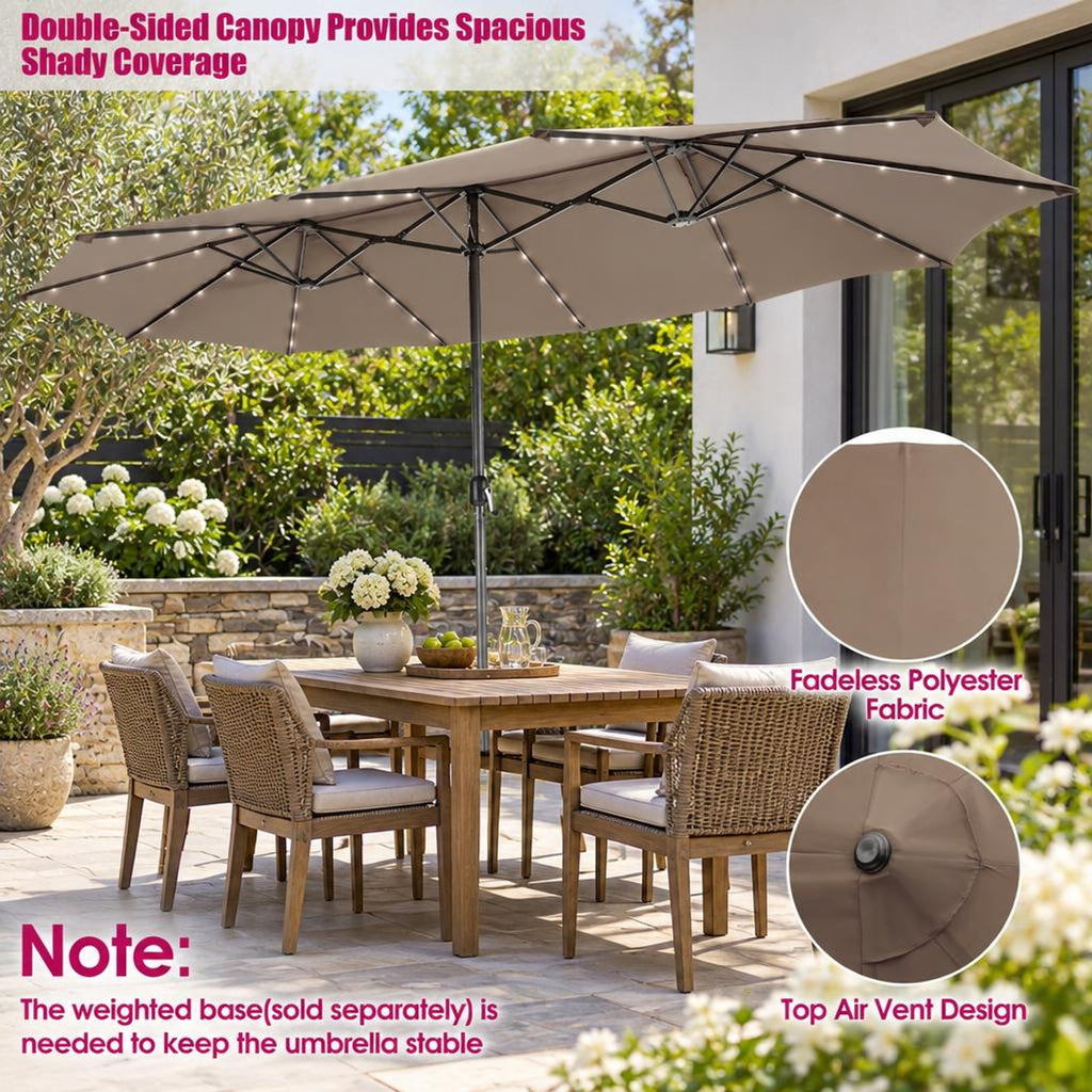 Airfind 15 Feet Twin Patio Umbrella with 48 Solar LED Lights, Steel polyester fabric Frame, 15.4 x 9.2 x 8 (L x W x H) Pole Footprint, Brown
