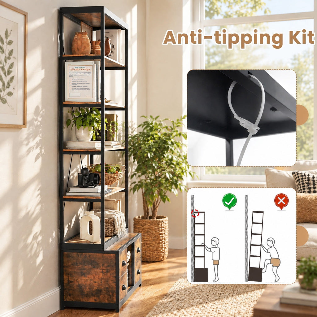 Airfind 8-tier Bookshelf with 4 Fabric Drawers and Heavy-duty Metal Frame, Coffee, Capacity of Shelf 66 lbsWeight