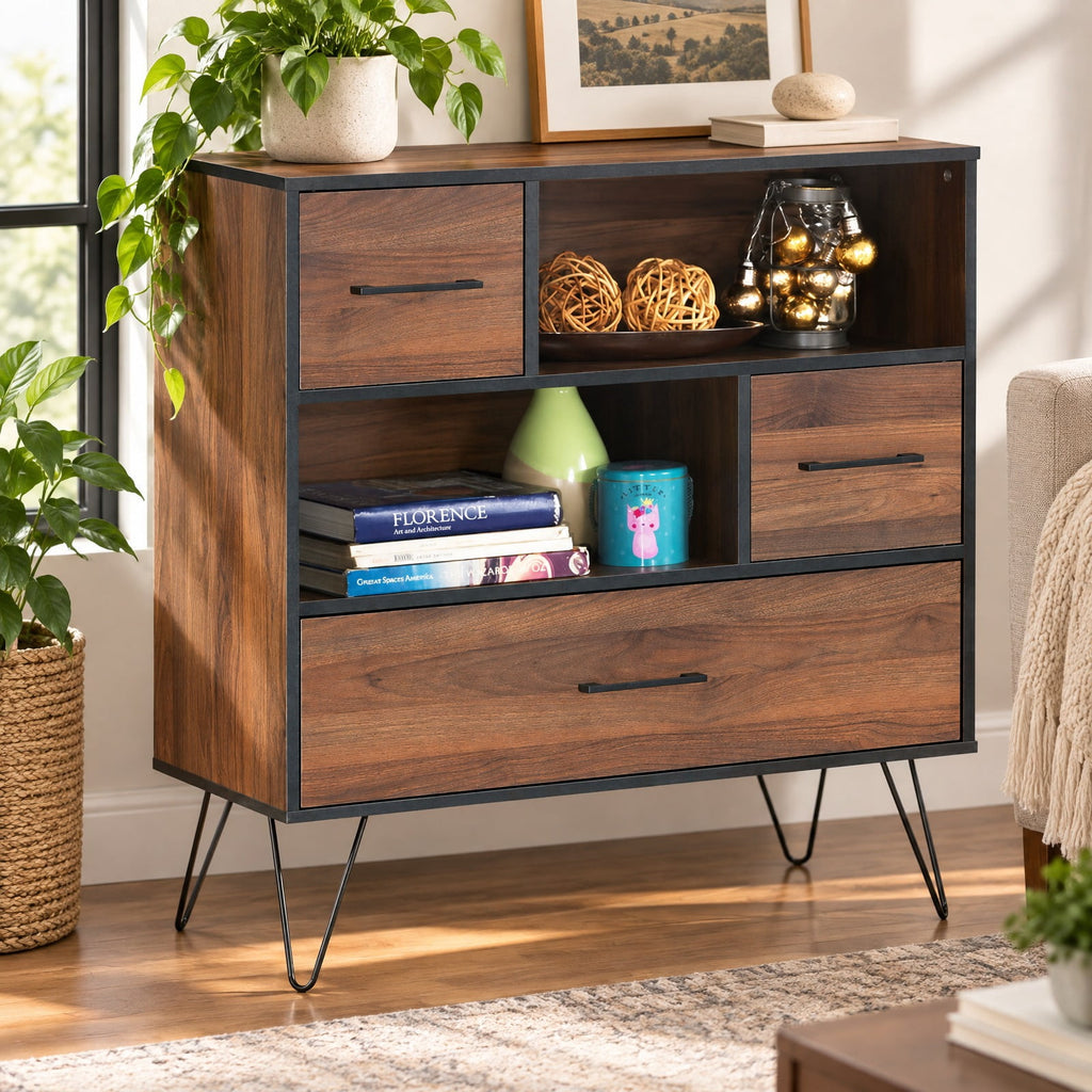 Airfind 3-Tier Wood Storage Cabinet with Drawers and 4 Metal Legs, 11 lbs Capacity, Engineered wood Metal Frame, Wood