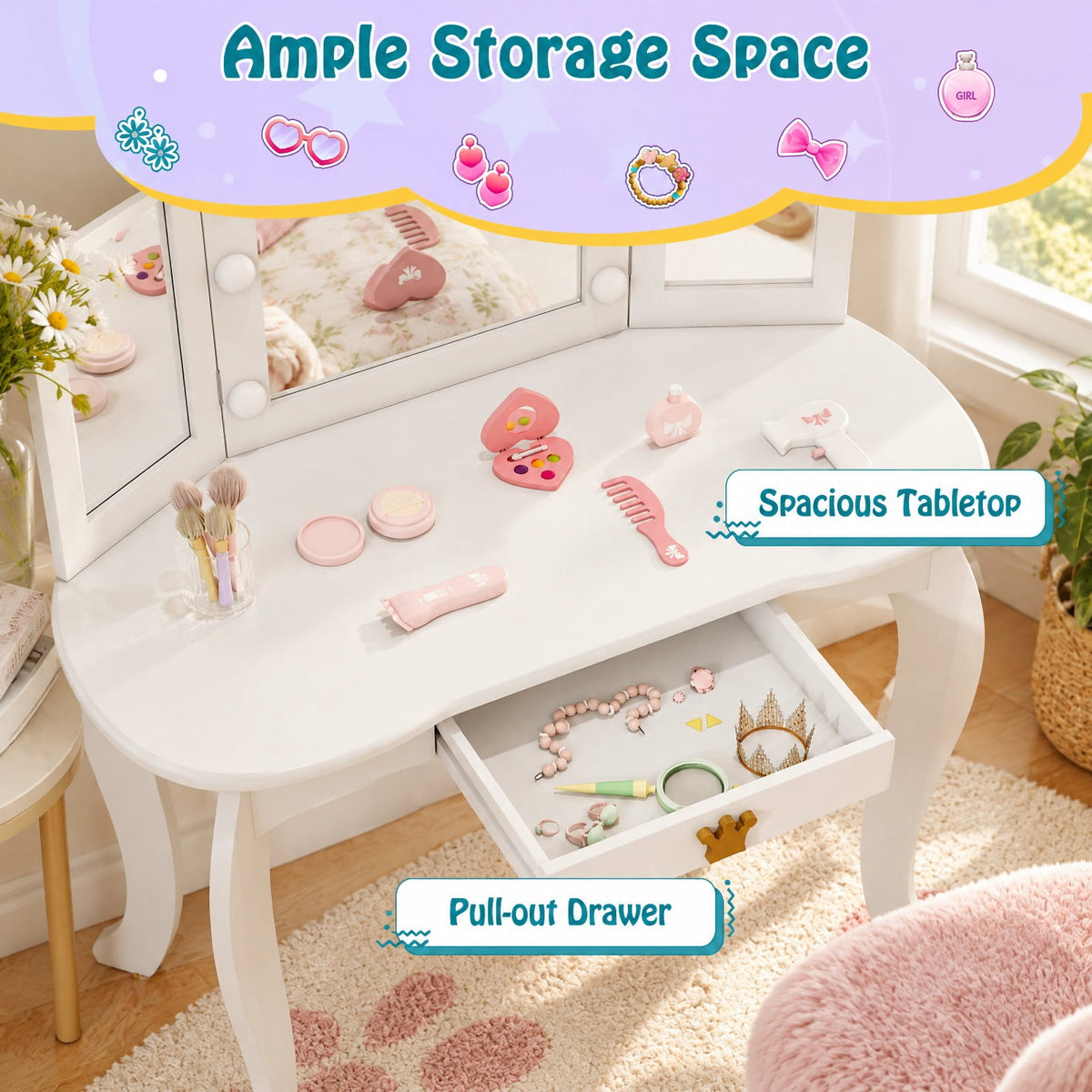 Airfind Kids Vanity Set with Tri-fold Lighted Mirror Detachable Top and Stool, 110 lbs Capacity, MDF Frame, for 3-7 Years Old, White