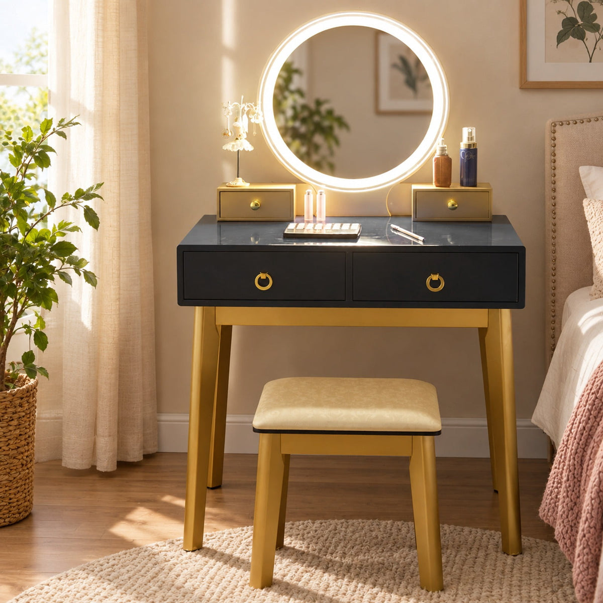 Airfind Makeup Vanity Table Set 3 Color Lighting Dressing Table, 7in x 3.5in x 3in (L x W x H) Big drawer Footprint, Black