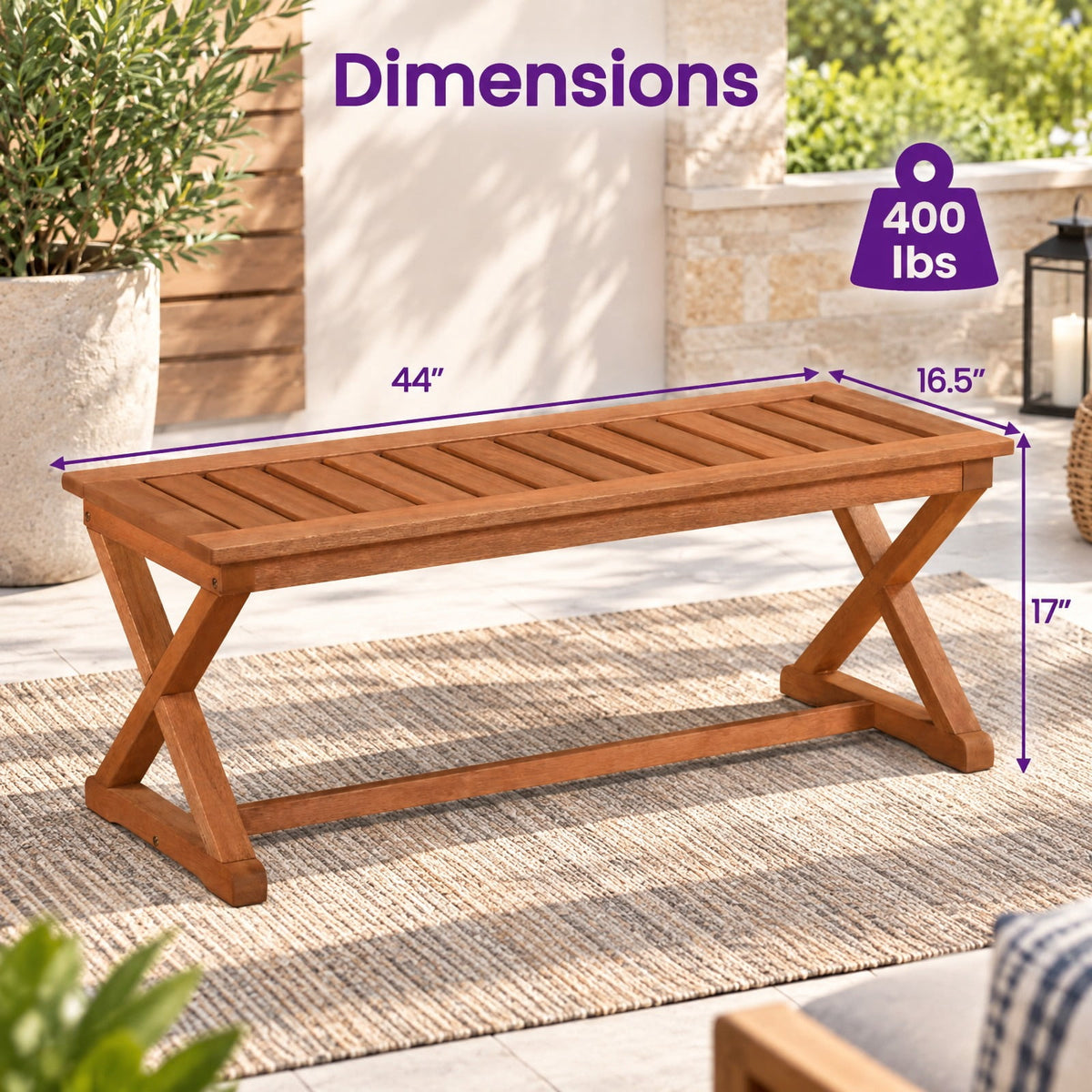 Airfind 2-Person 44 Solid Wood Outdoor Bench with Slatted Seat for Patio Park Balcony-2 Piece, 44 x 16.5 x 17Weight Footprint, Wood