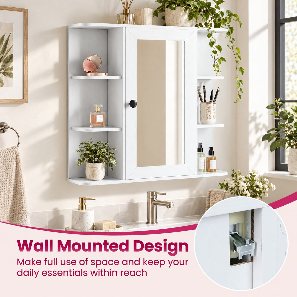 Airfind Wall Mounted Bathroom Medicine Cabinet with Mirror and Shelves, 120 lbs Capacity, MDF Engineered Wood Glass Frame, White
