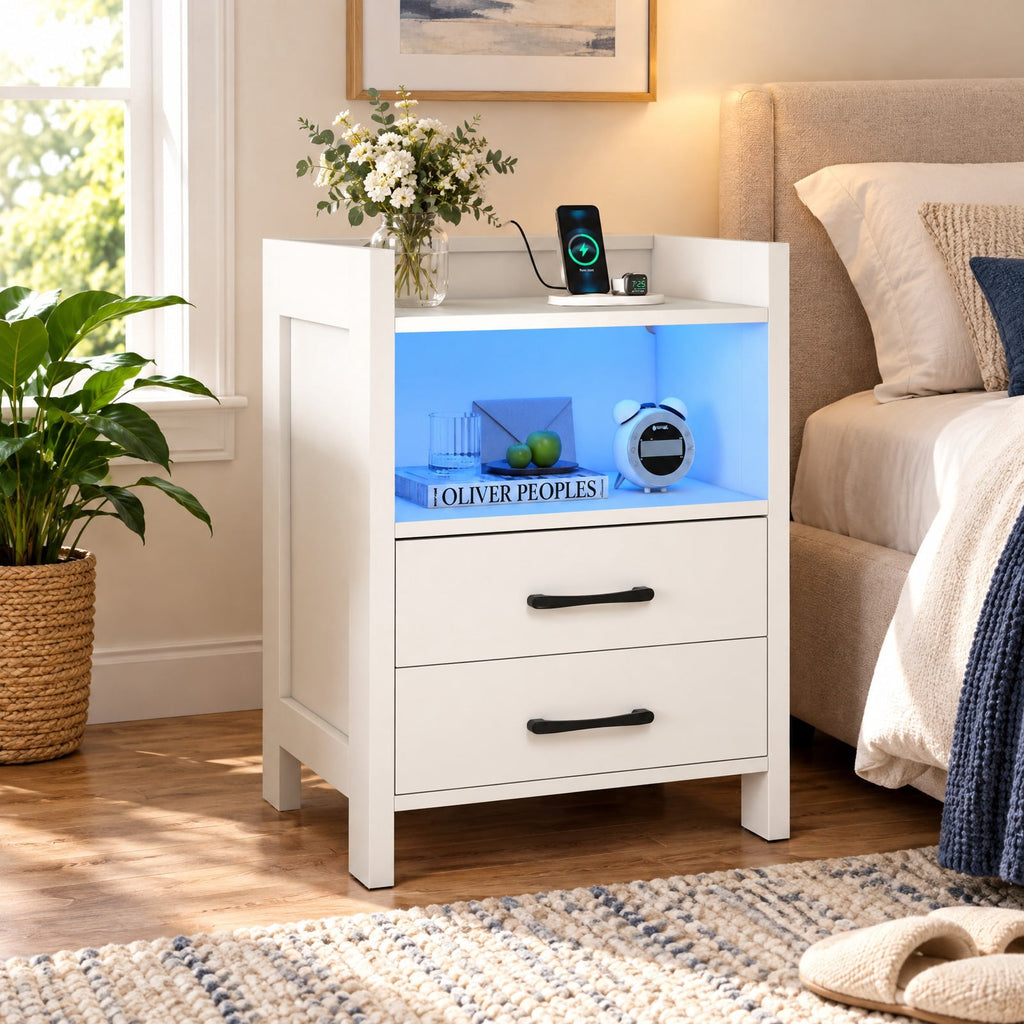 Airfind 23.5 Inches Nightstand with Charging Station and Open Storage Shelf, 15 lbs Capacity, Engineered Wood MDF Frame, 18 x 14 x 23.5 Footprint