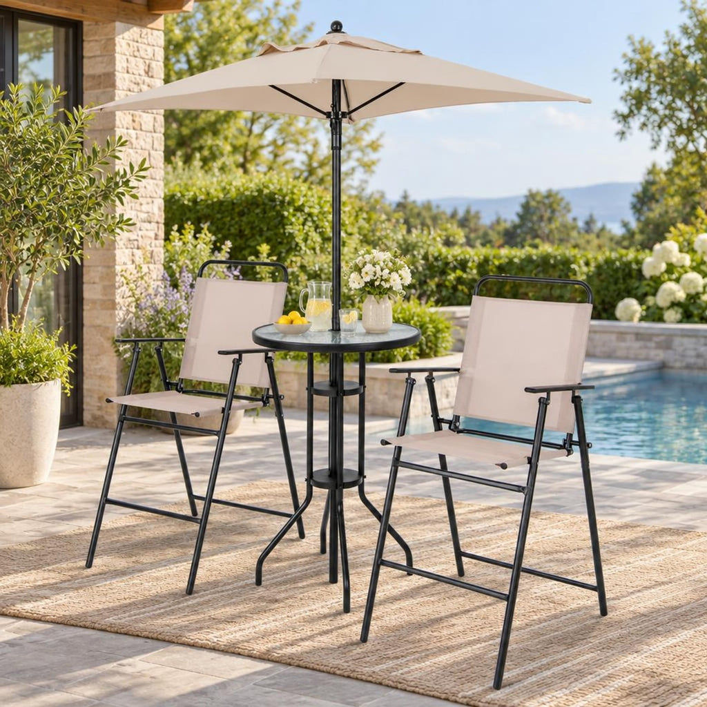 Airfind 4 Pieces Outdoor Bar Set with Umbrella, 110 lbs Capacity, Fabric Metal Tempered Glass Polyester Frame, 24 x 24 x 36 Footprint, Beige